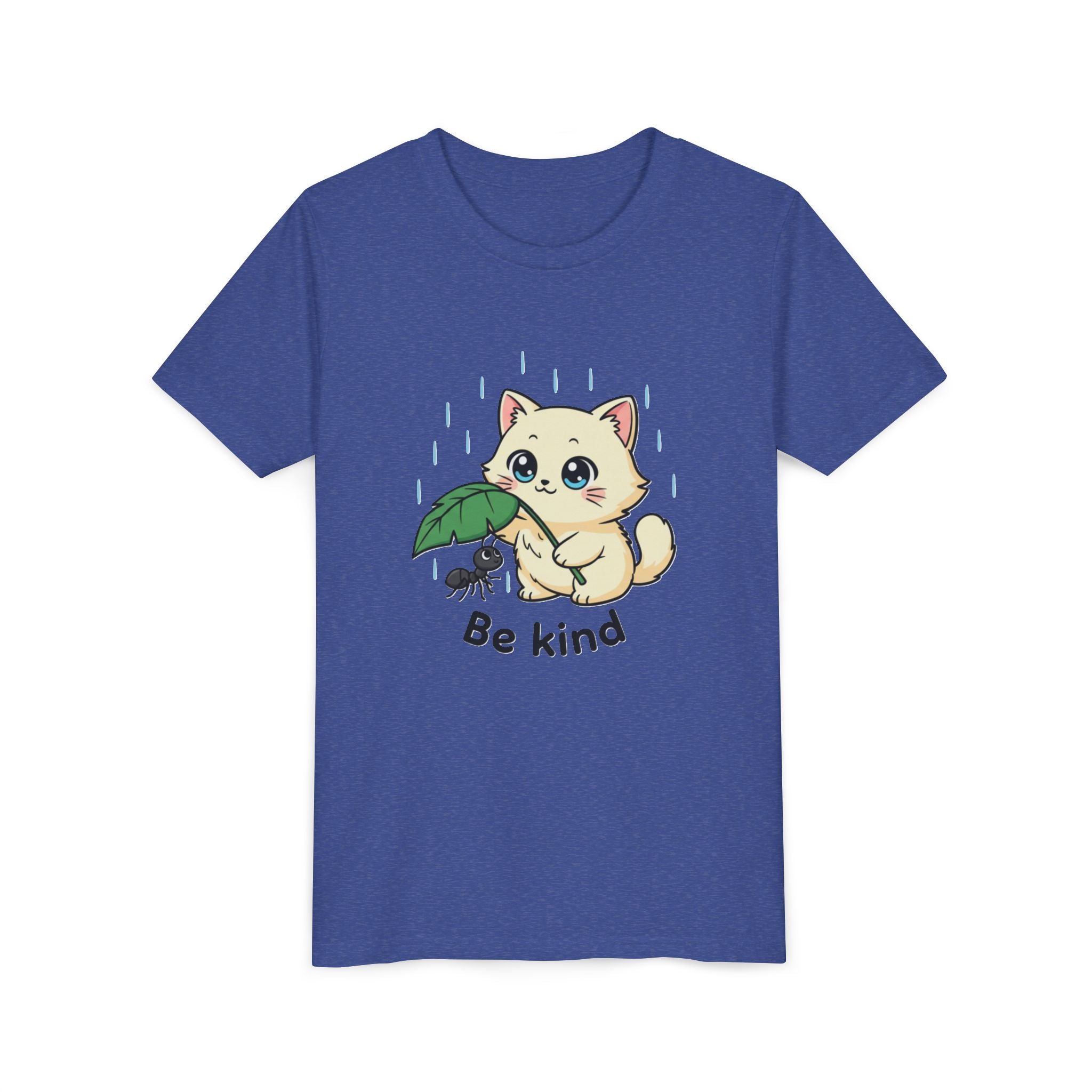 Youth Tee — Cute Kitten Holding Leak Umbrella over Ant with 'Be Kind' Message - Kids
