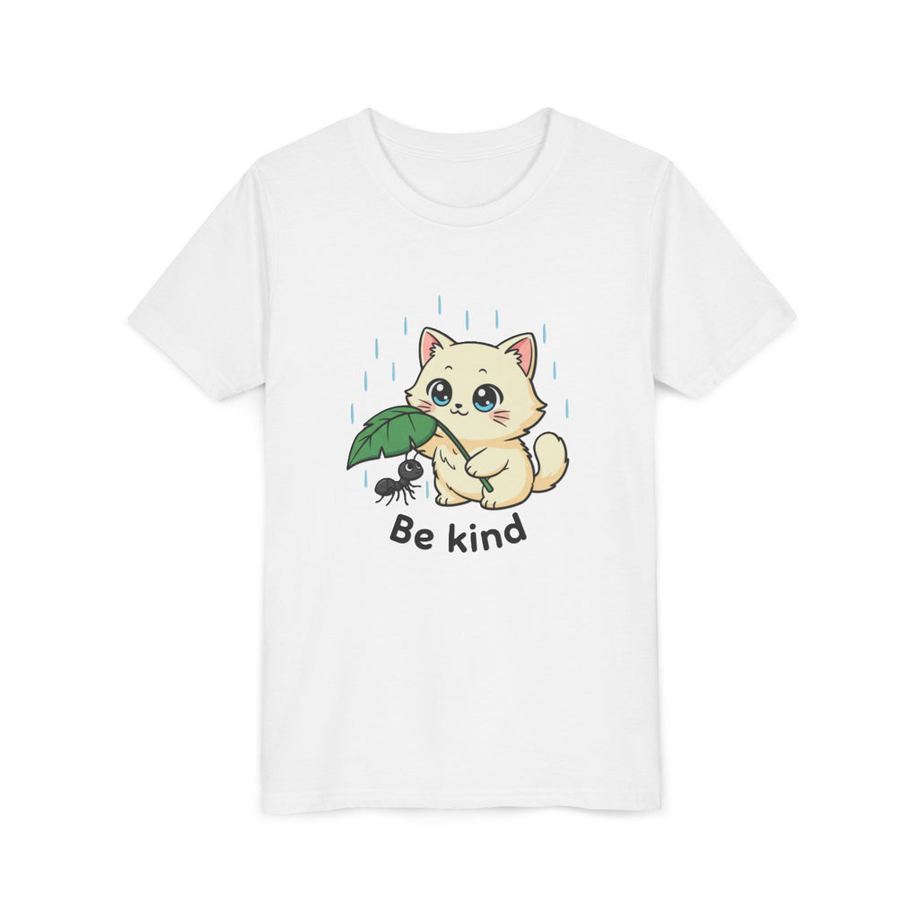 Youth Tee — Cute Kitten Holding Leak Umbrella over Ant with 'Be Kind' Message - Kids
