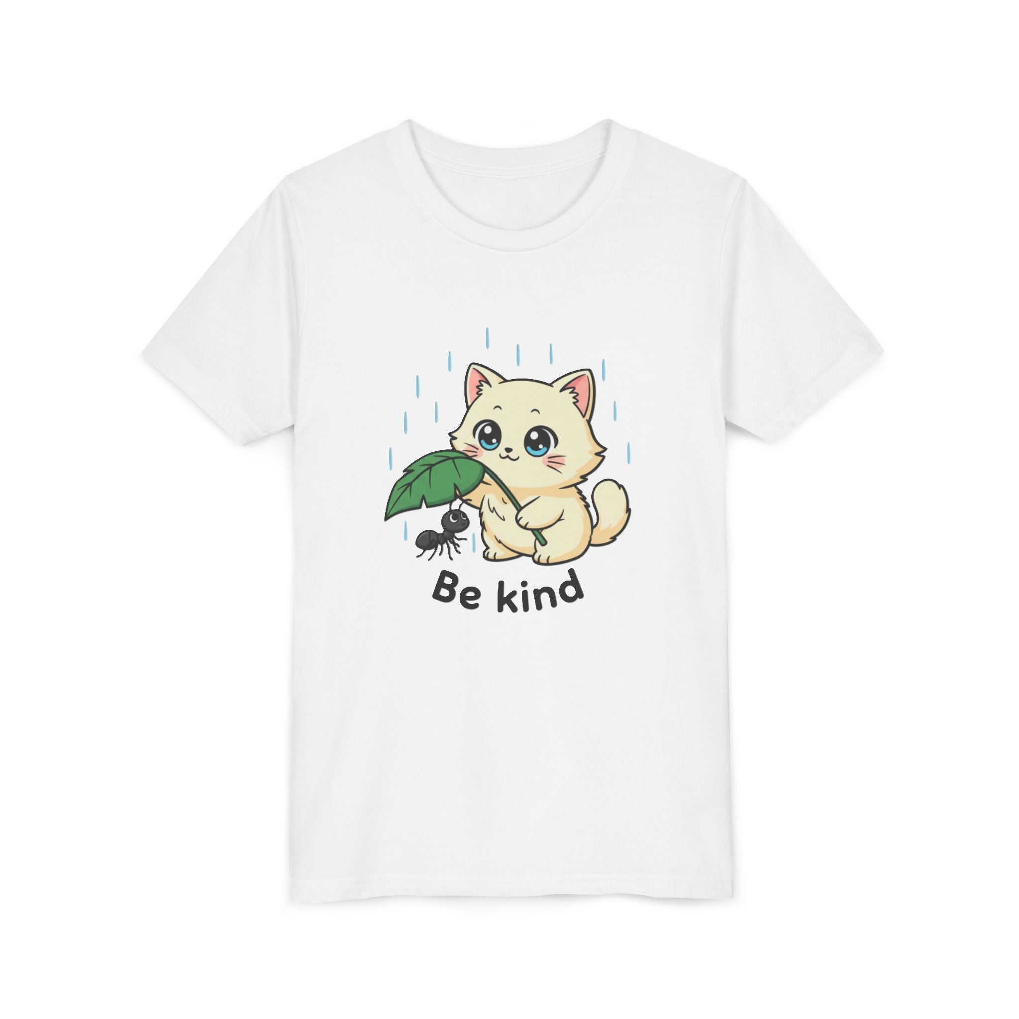 Youth Tee — Cute Kitten Holding Leak Umbrella over Ant with 'Be Kind' Message - Kids
