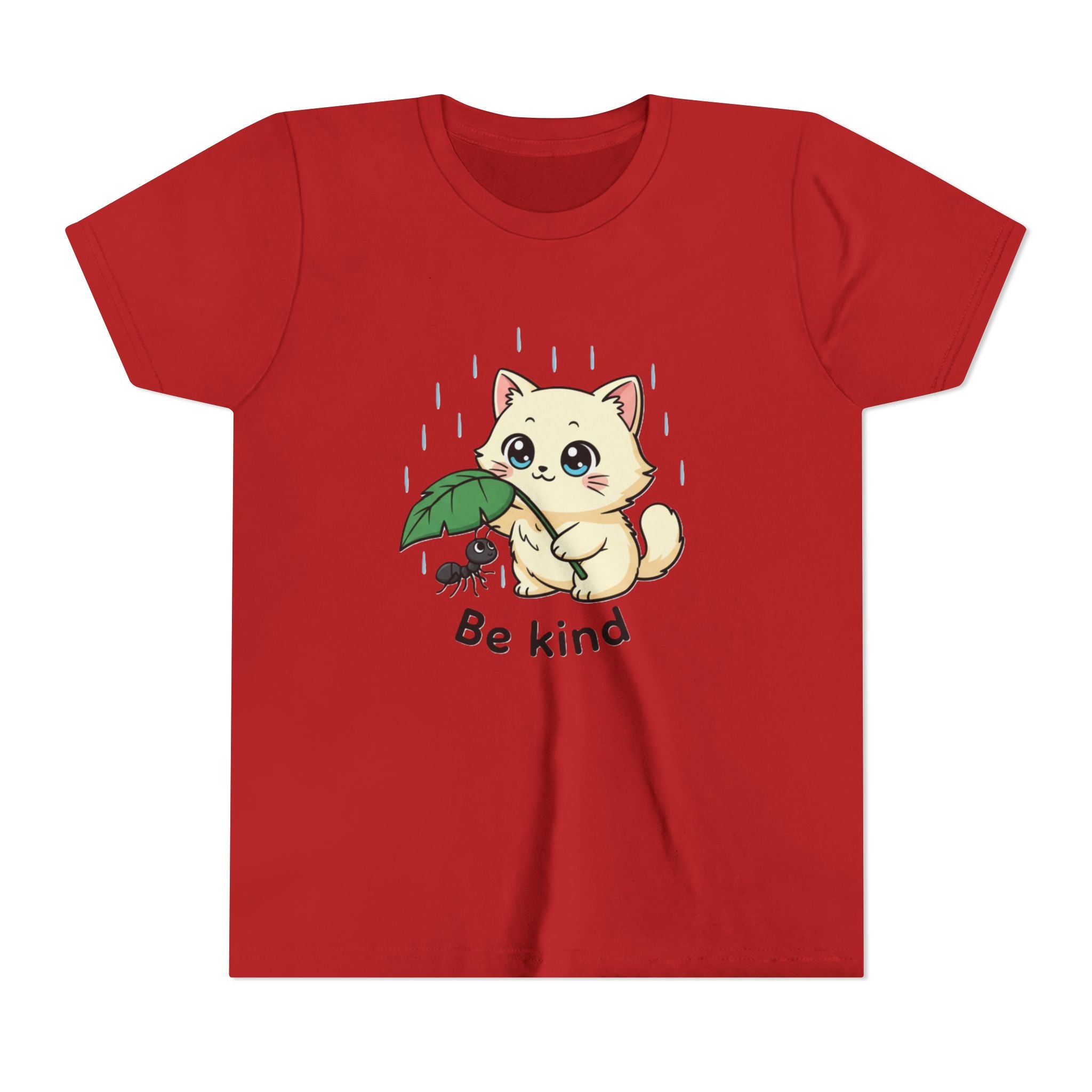 Youth Tee — Cute Kitten Holding Leak Umbrella over Ant with 'Be Kind' Message - Kids