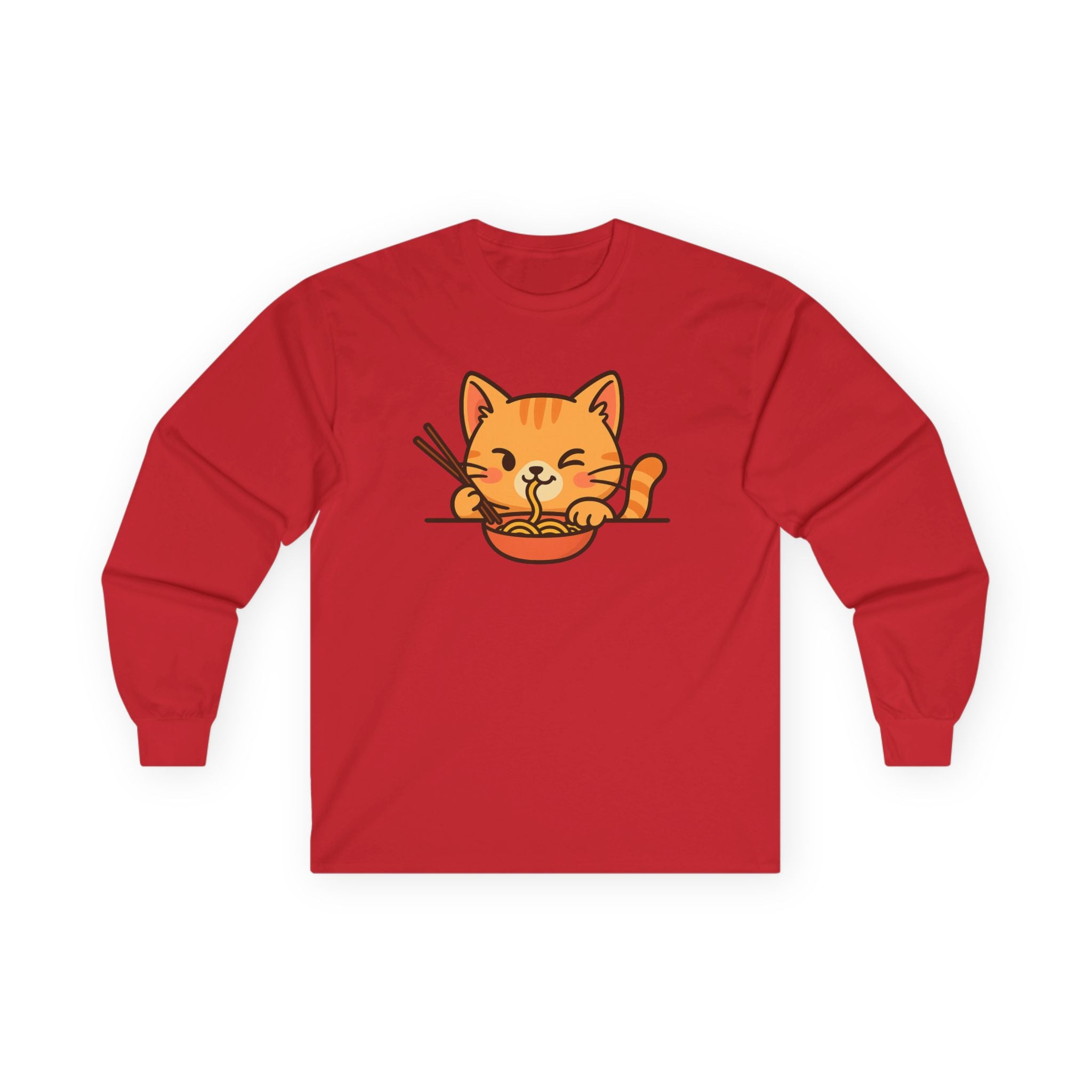 Cute Cat Eating Ramen Long Sleeve Tee - Adult