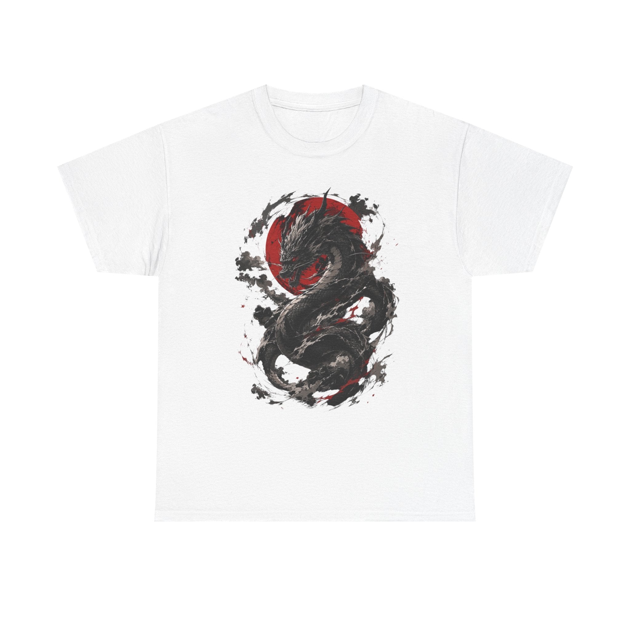 Dragon Moon T‑Shirt — Black Ink Serpent with Red Sun Graphic - Adult