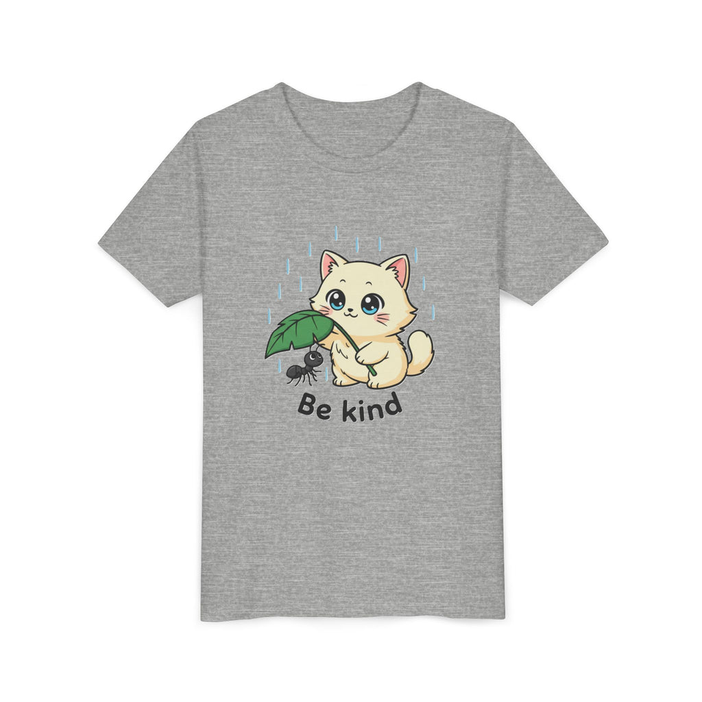 Youth Tee — Cute Kitten Holding Leak Umbrella over Ant with 'Be Kind' Message - Kids