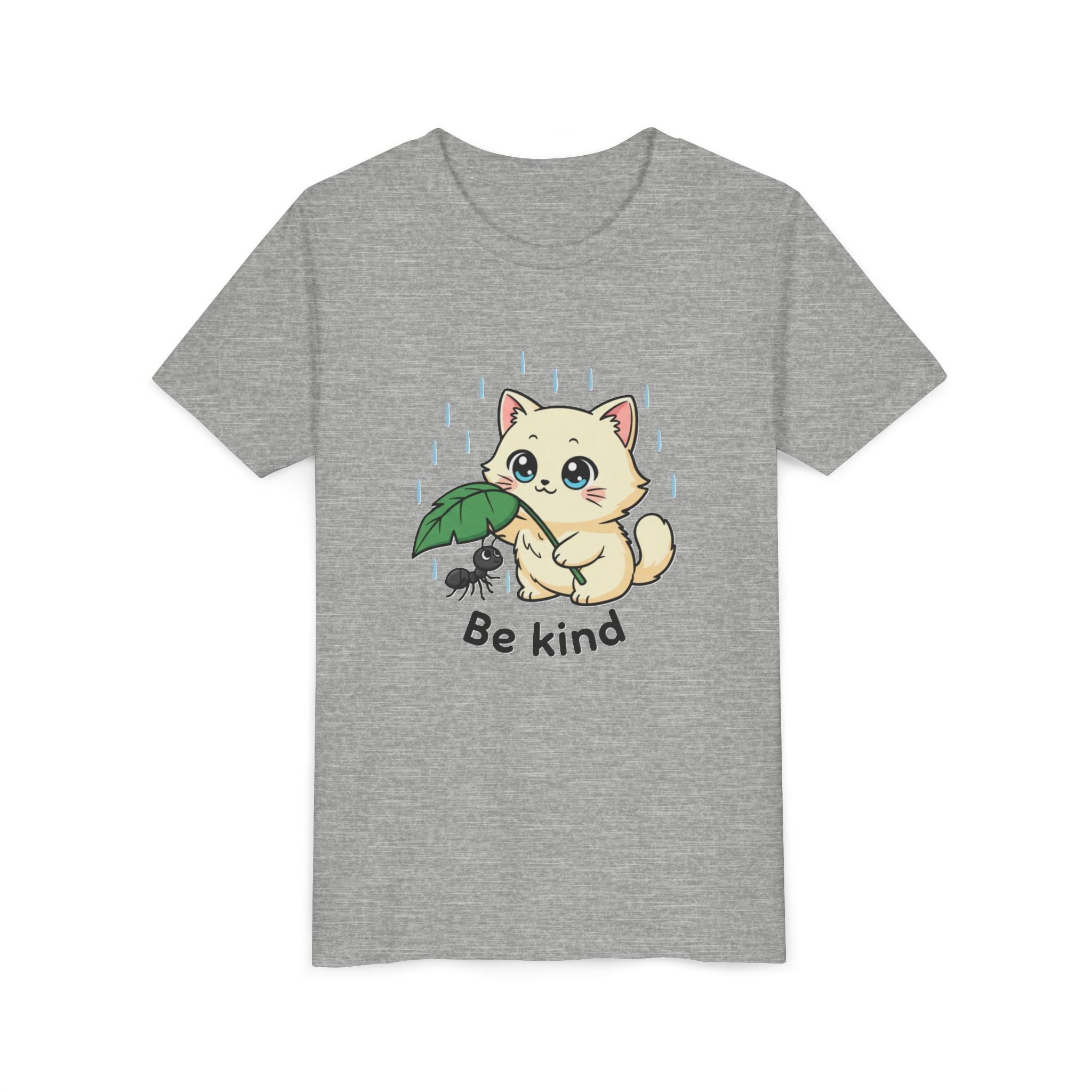Youth Tee — Cute Kitten Holding Leak Umbrella over Ant with 'Be Kind' Message - Kids