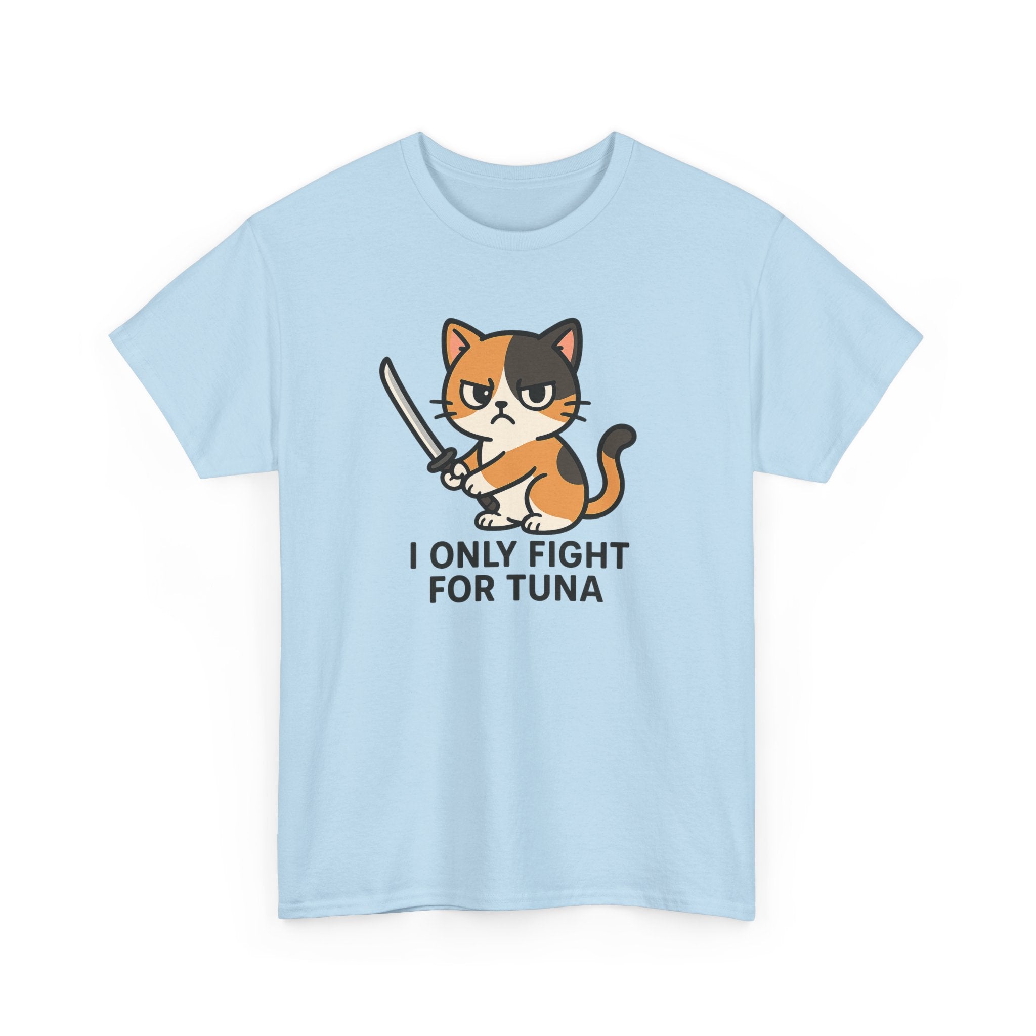 Cat Sword T-Shirt — "I Only Fight for Tuna" Cute Samurai Cat Tee - Adult