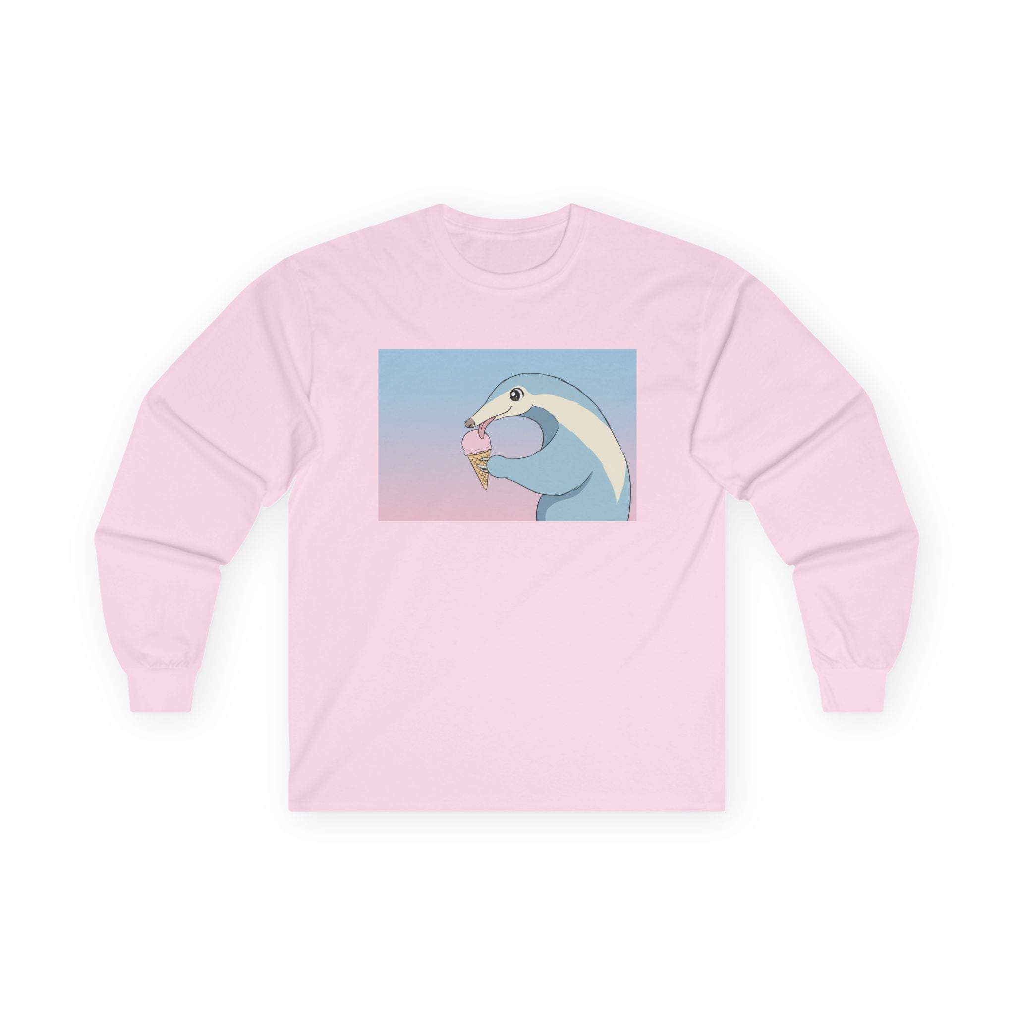 Anteater Eating Ice Cream Long Sleeve Tee — Cute Pastel Anteater Graphic Shirt - Adult