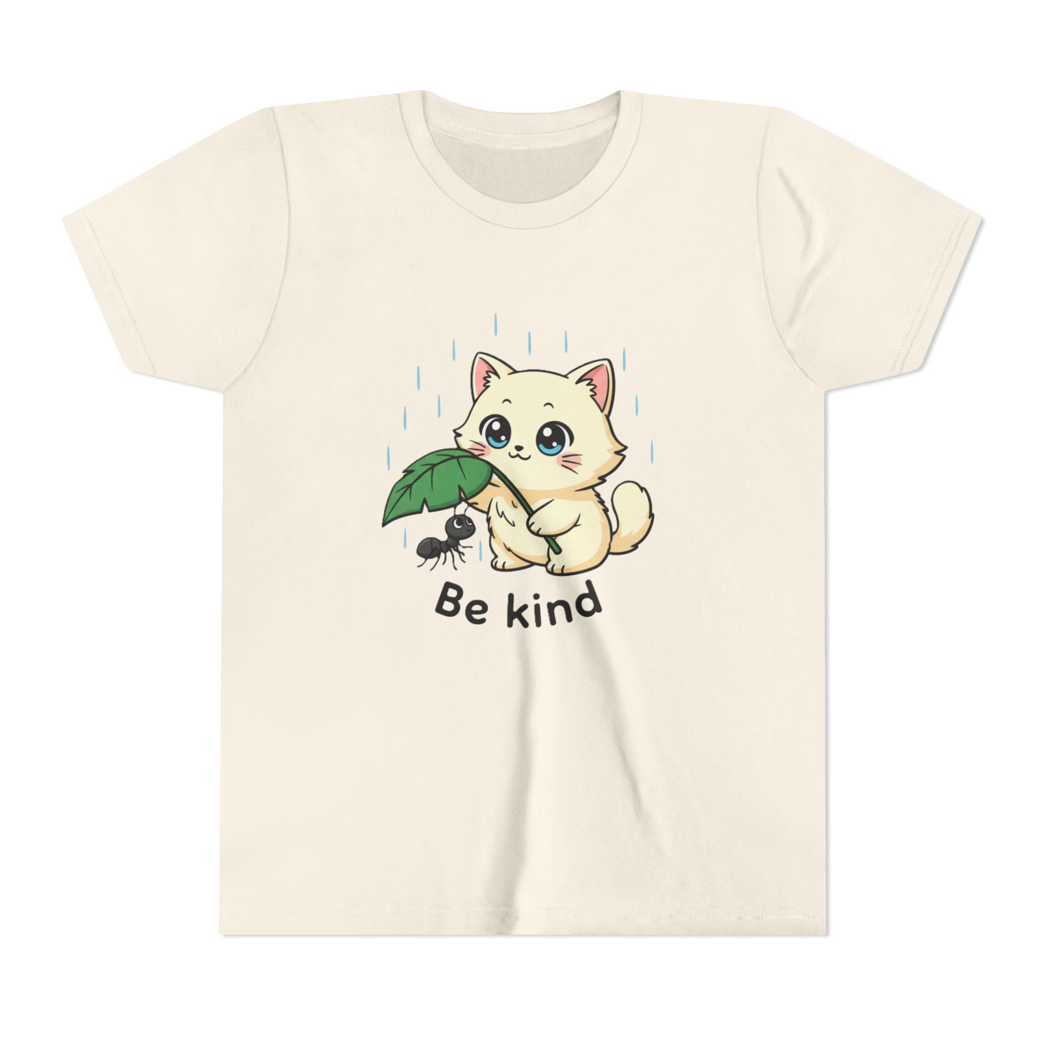 Youth Tee — Cute Kitten Holding Leak Umbrella over Ant with 'Be Kind' Message - Kids