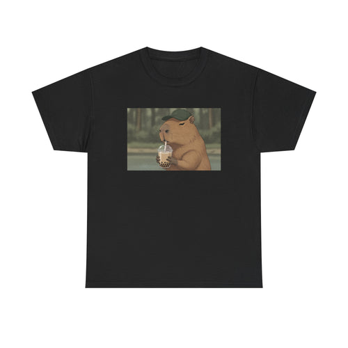 Capybara Drinking Boba T‑Shirt — Cute Cartoon Bubble Tea Tee - Adult