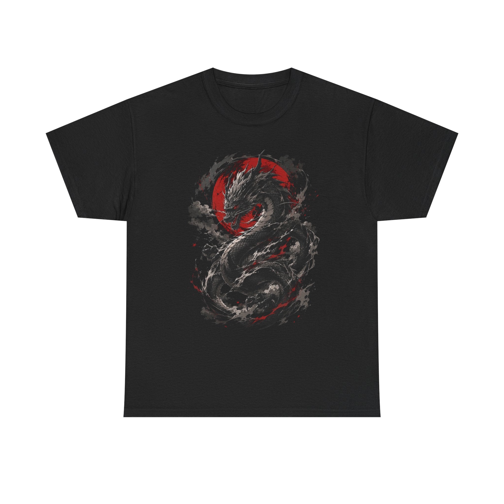 Dragon Moon T‑Shirt — Black Ink Serpent with Red Sun Graphic - Adult