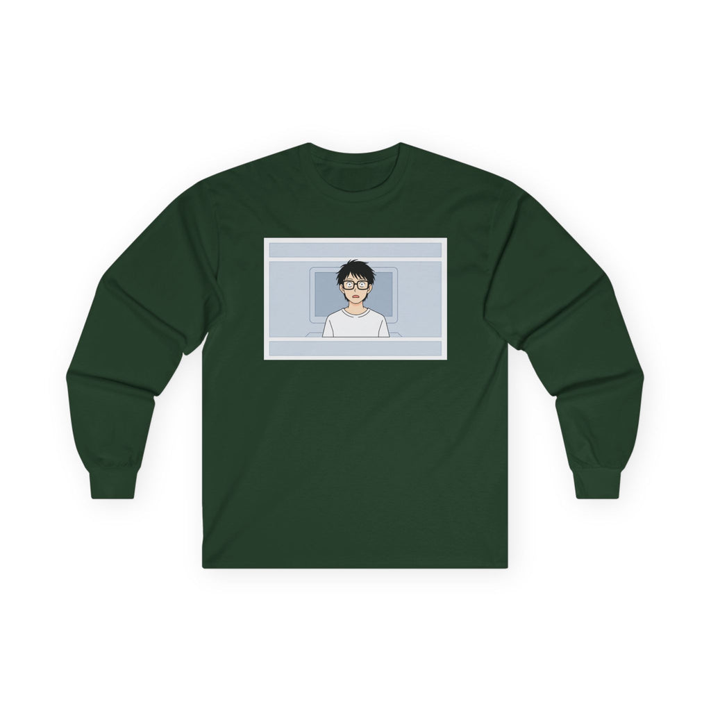 Clueless Otaku Guy Long Sleeve Tee — Minimalist Window Portrait Graphic - Adult