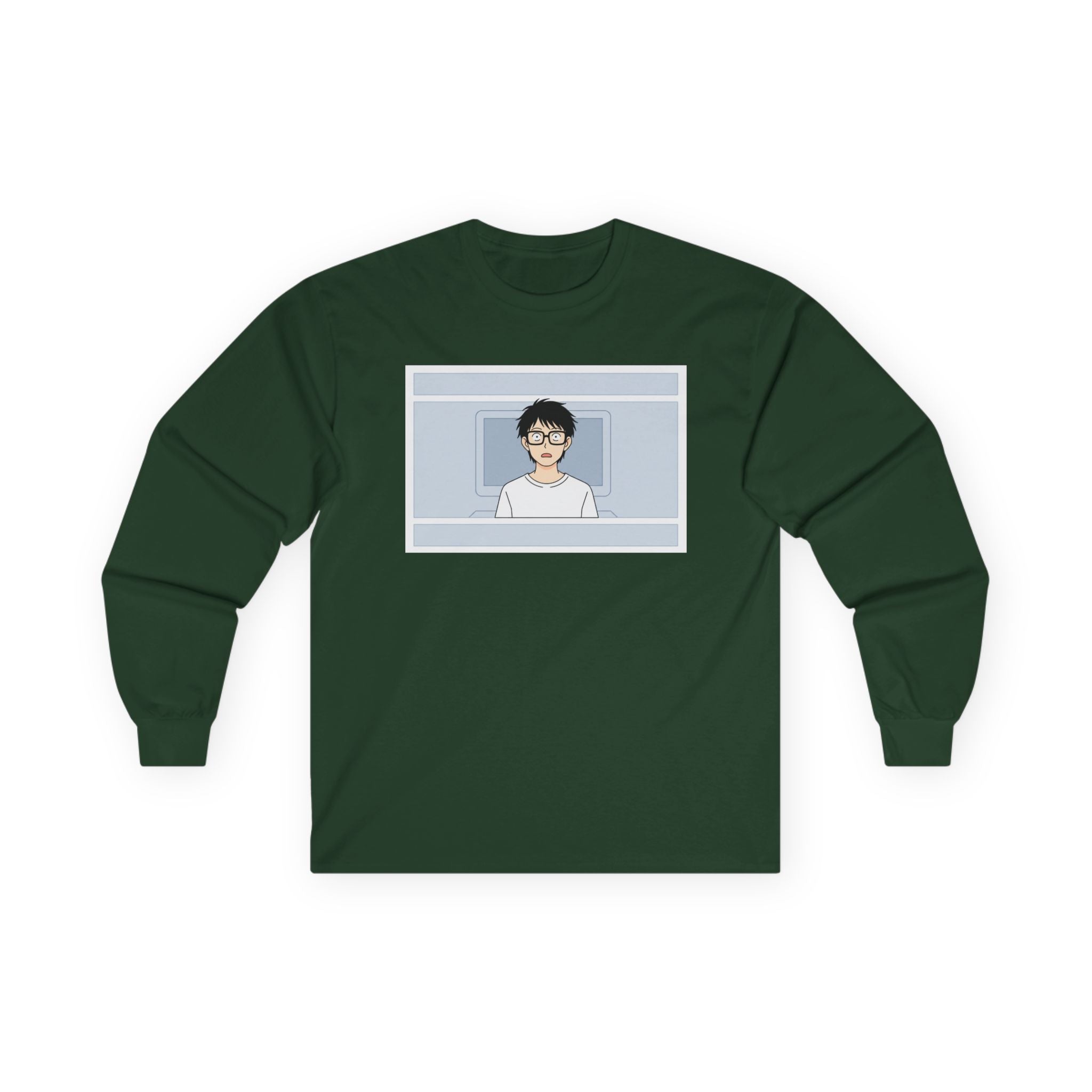 Clueless Otaku Guy Long Sleeve Tee — Minimalist Window Portrait Graphic - Adult