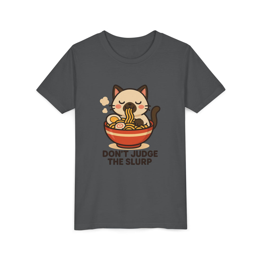 Youth Tee — Cute Cat Eating Ramen 'Don't Judge The Slurp' Graphic Shirt