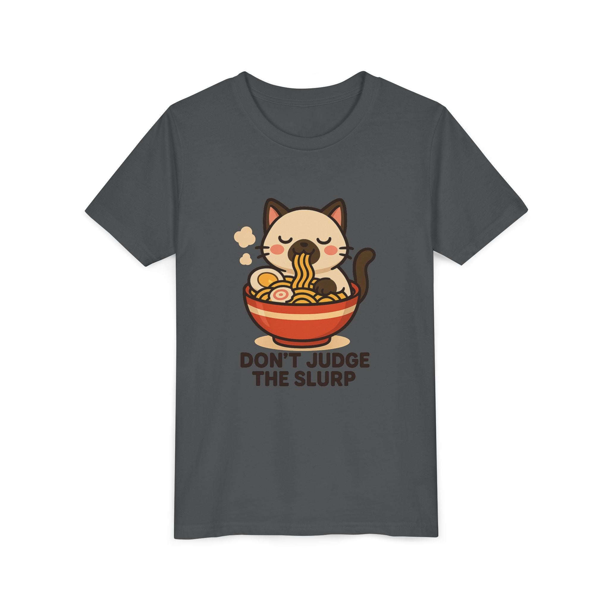 Youth Tee — Cute Cat Eating Ramen 'Don't Judge The Slurp' Graphic Shirt