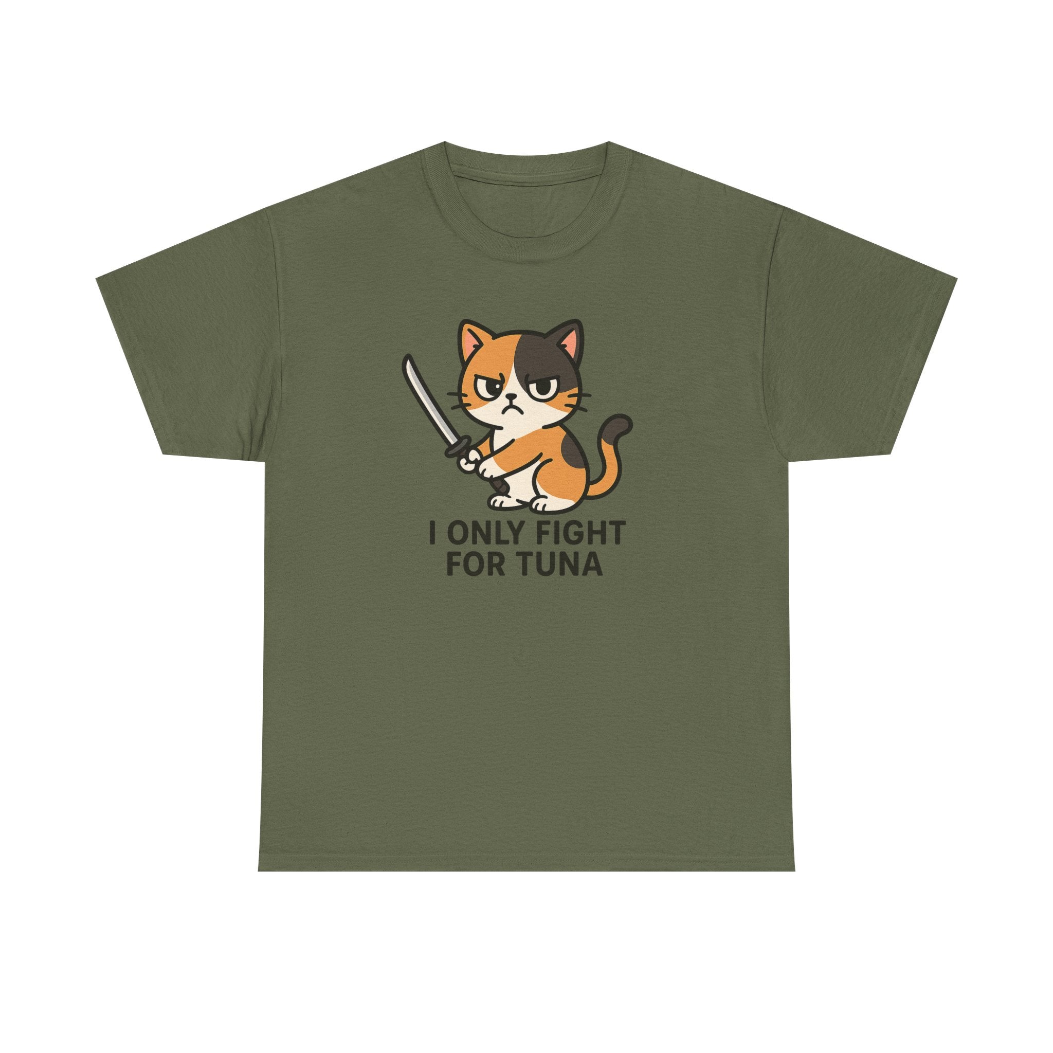 Cat Sword T-Shirt — "I Only Fight for Tuna" Cute Samurai Cat Tee - Adult