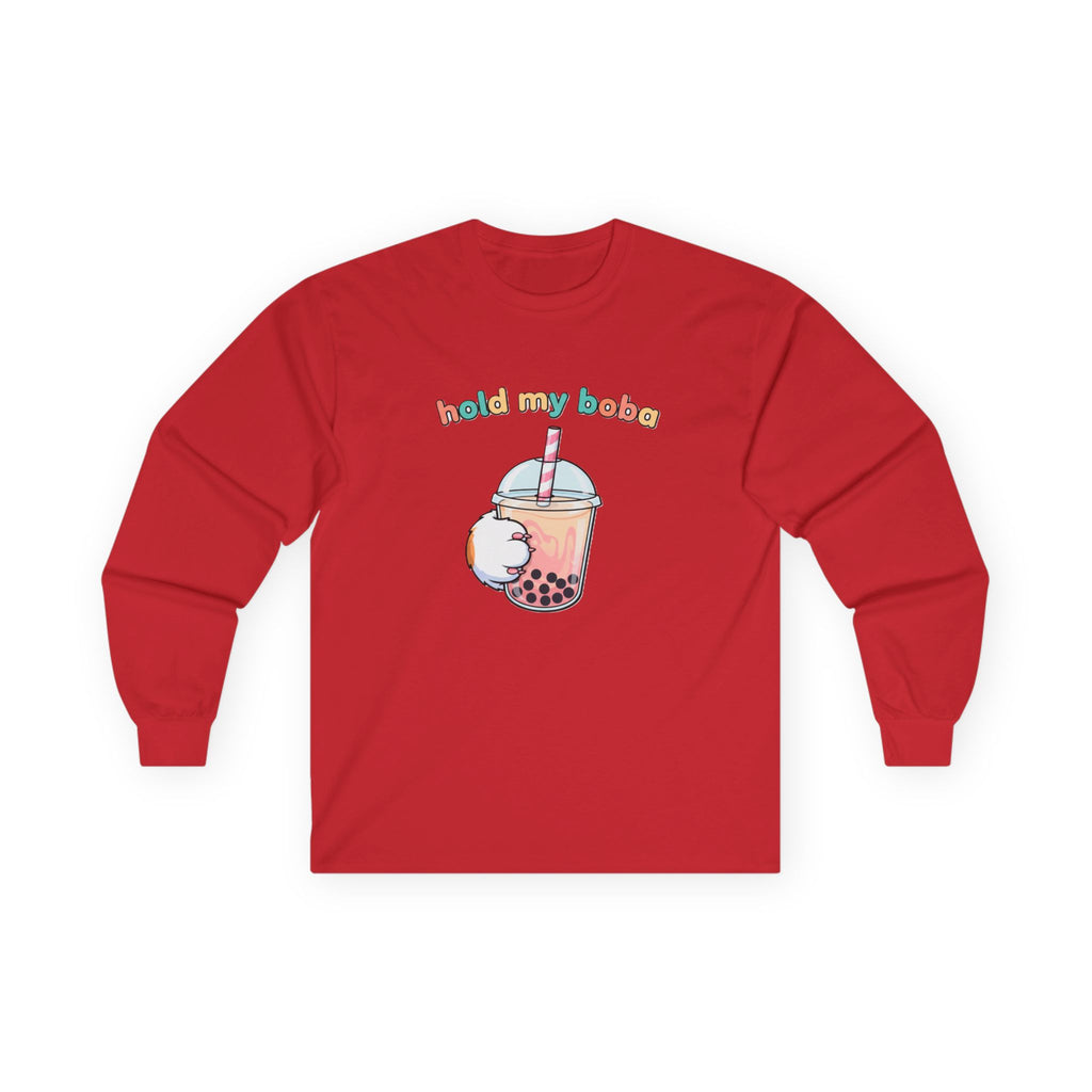 Boba Cat Long Sleeve Tee — "Hold My Boba" Cute Bubble Tea Shirt - Adult