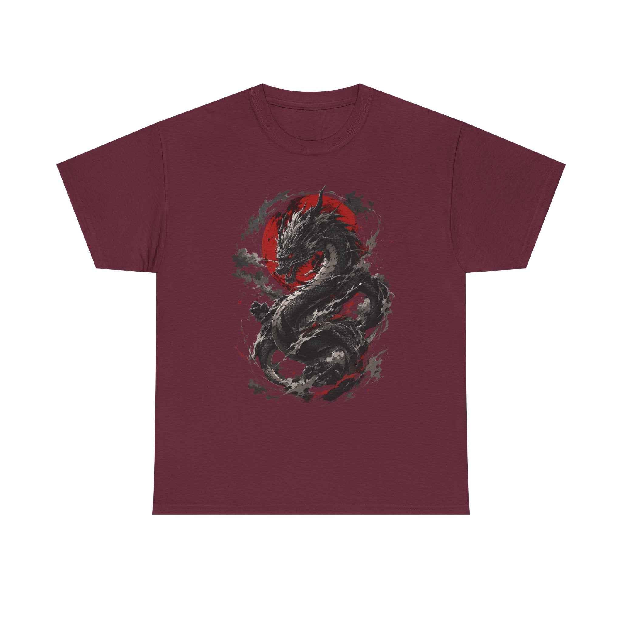 Dragon Moon T‑Shirt — Black Ink Serpent with Red Sun Graphic - Adult