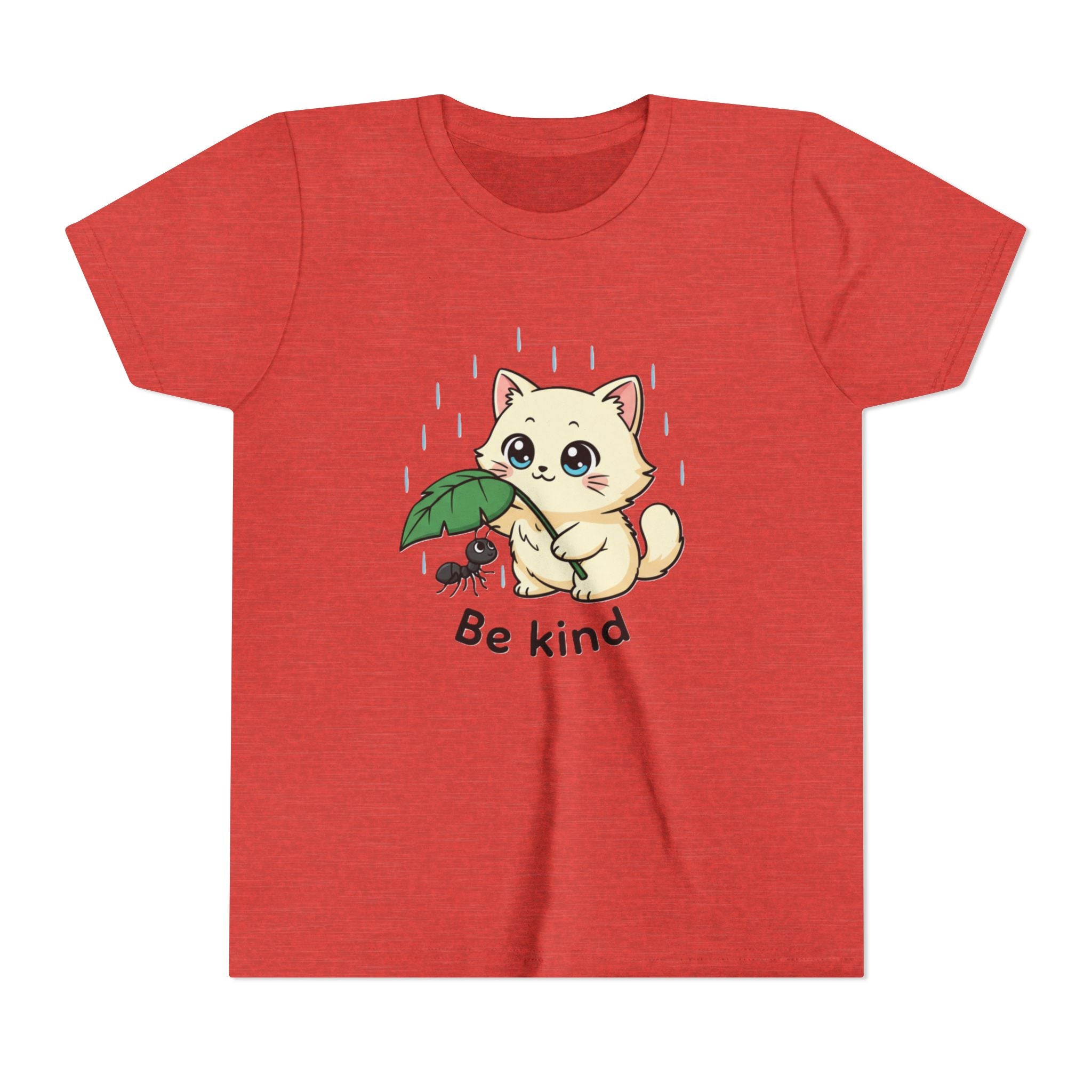 Youth Tee — Cute Kitten Holding Leak Umbrella over Ant with 'Be Kind' Message - Kids