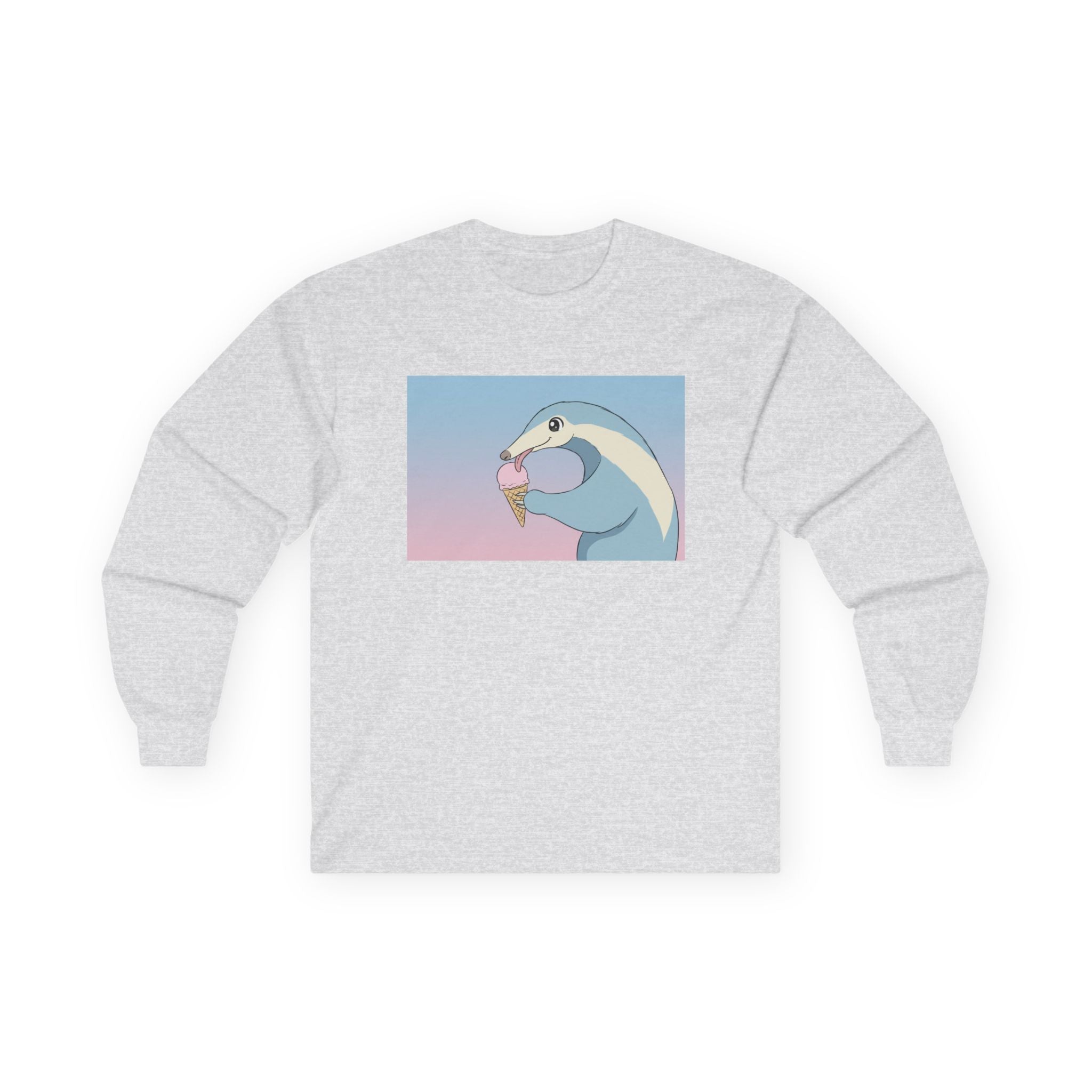 Anteater Eating Ice Cream Long Sleeve Tee — Cute Pastel Anteater Graphic Shirt - Adult