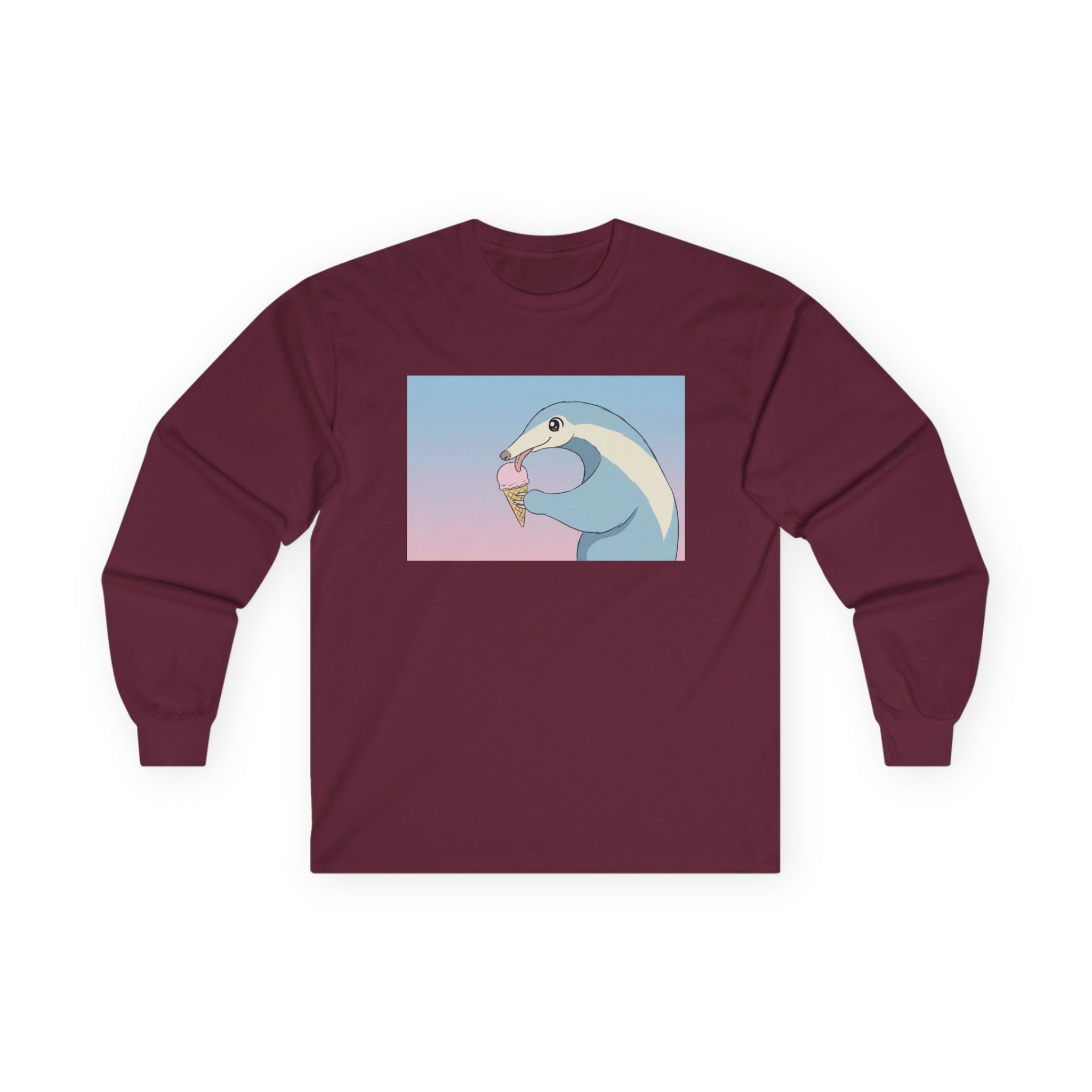Anteater Eating Ice Cream Long Sleeve Tee — Cute Pastel Anteater Graphic Shirt - Adult