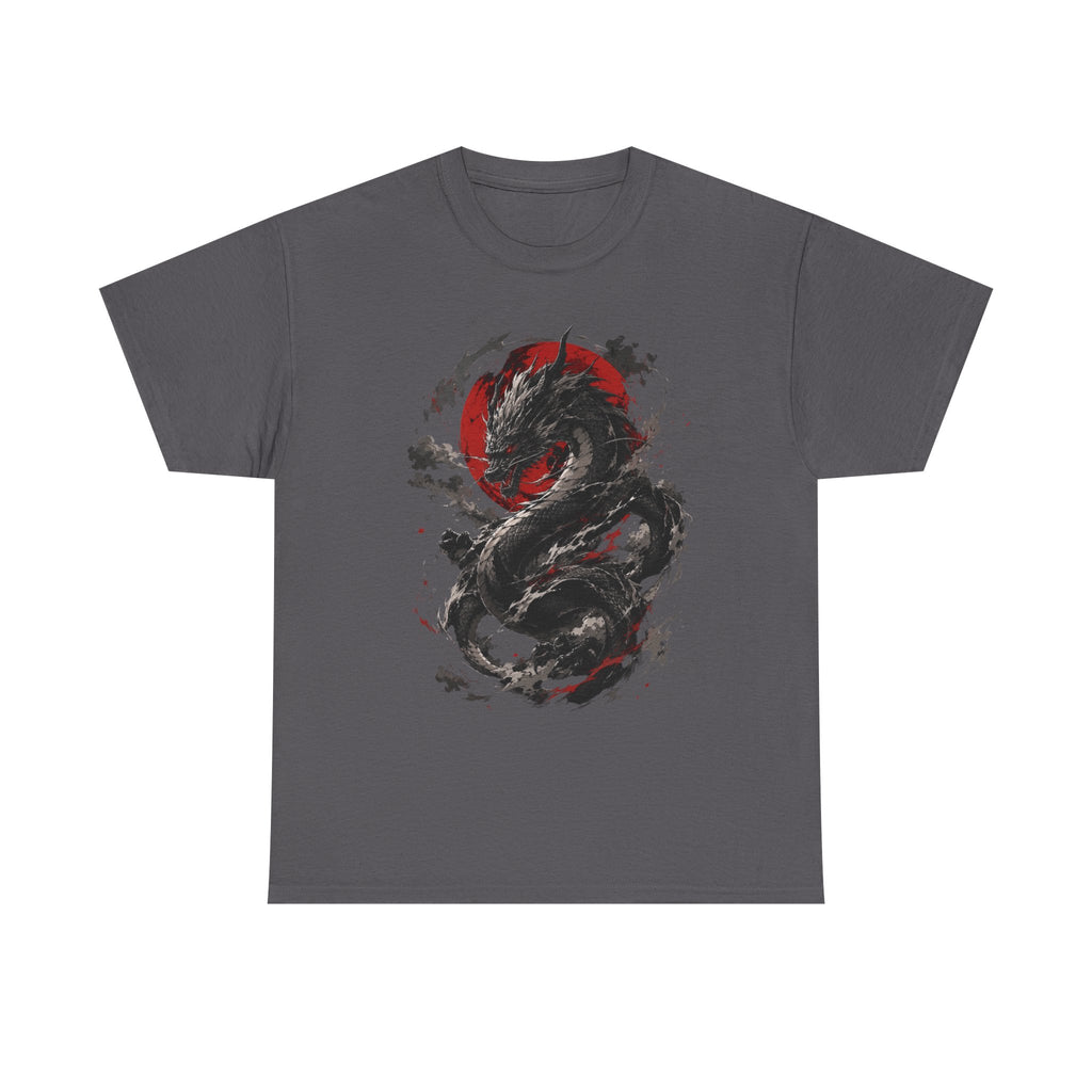 Dragon Moon T‑Shirt — Black Ink Serpent with Red Sun Graphic - Adult