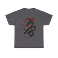 Dragon Moon T‑Shirt — Black Ink Serpent with Red Sun Graphic - Adult