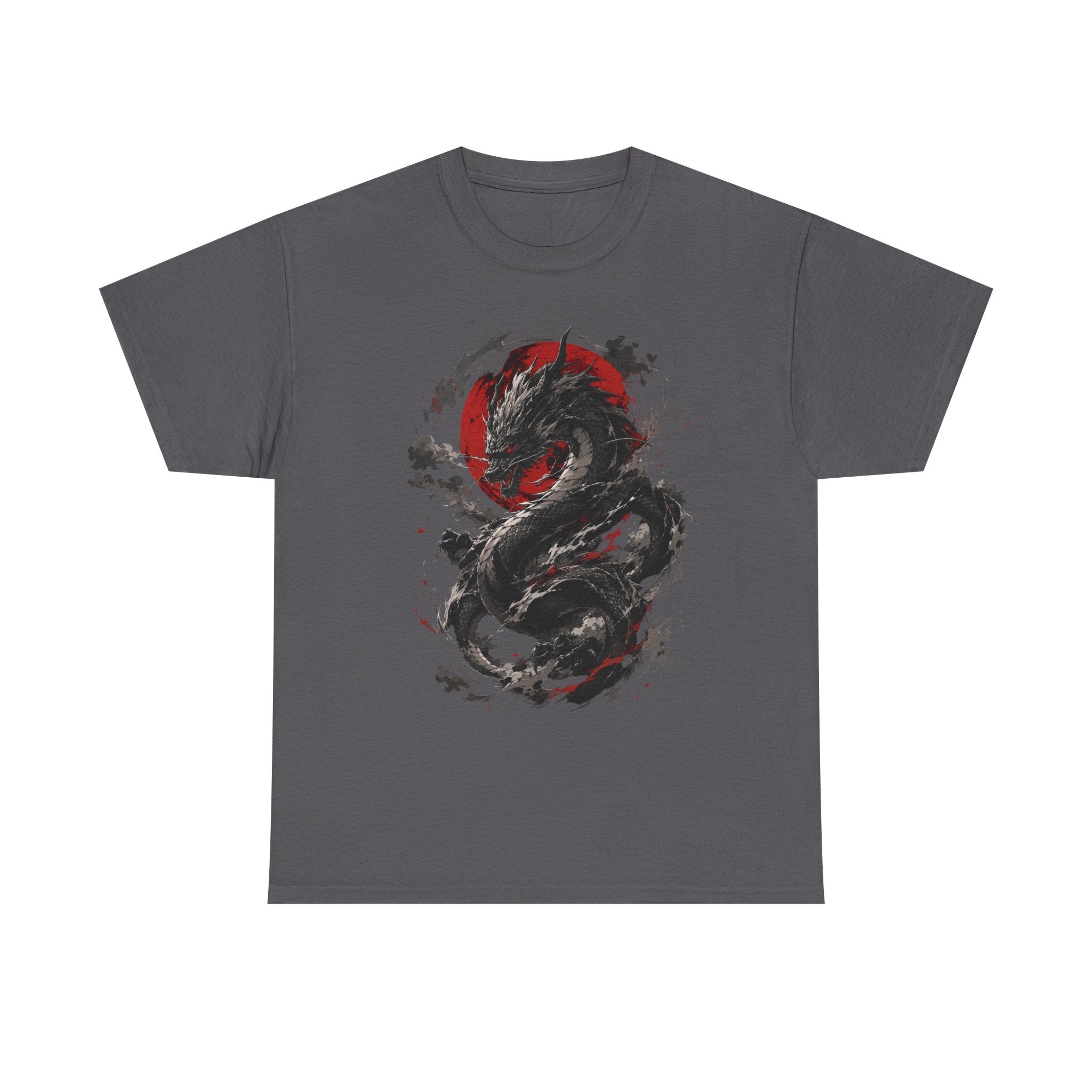 Dragon Moon T‑Shirt — Black Ink Serpent with Red Sun Graphic - Adult