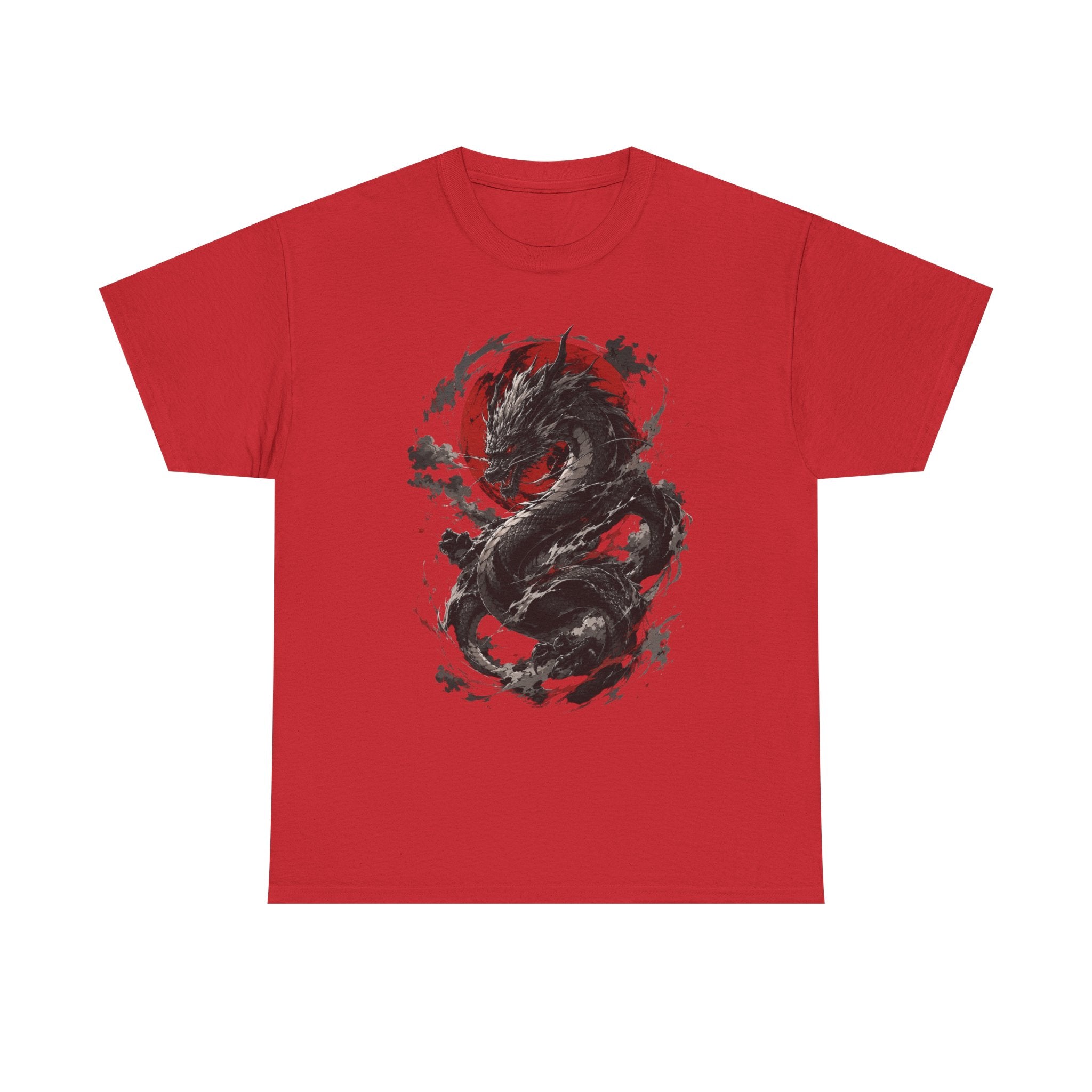 Dragon Moon T‑Shirt — Black Ink Serpent with Red Sun Graphic - Adult