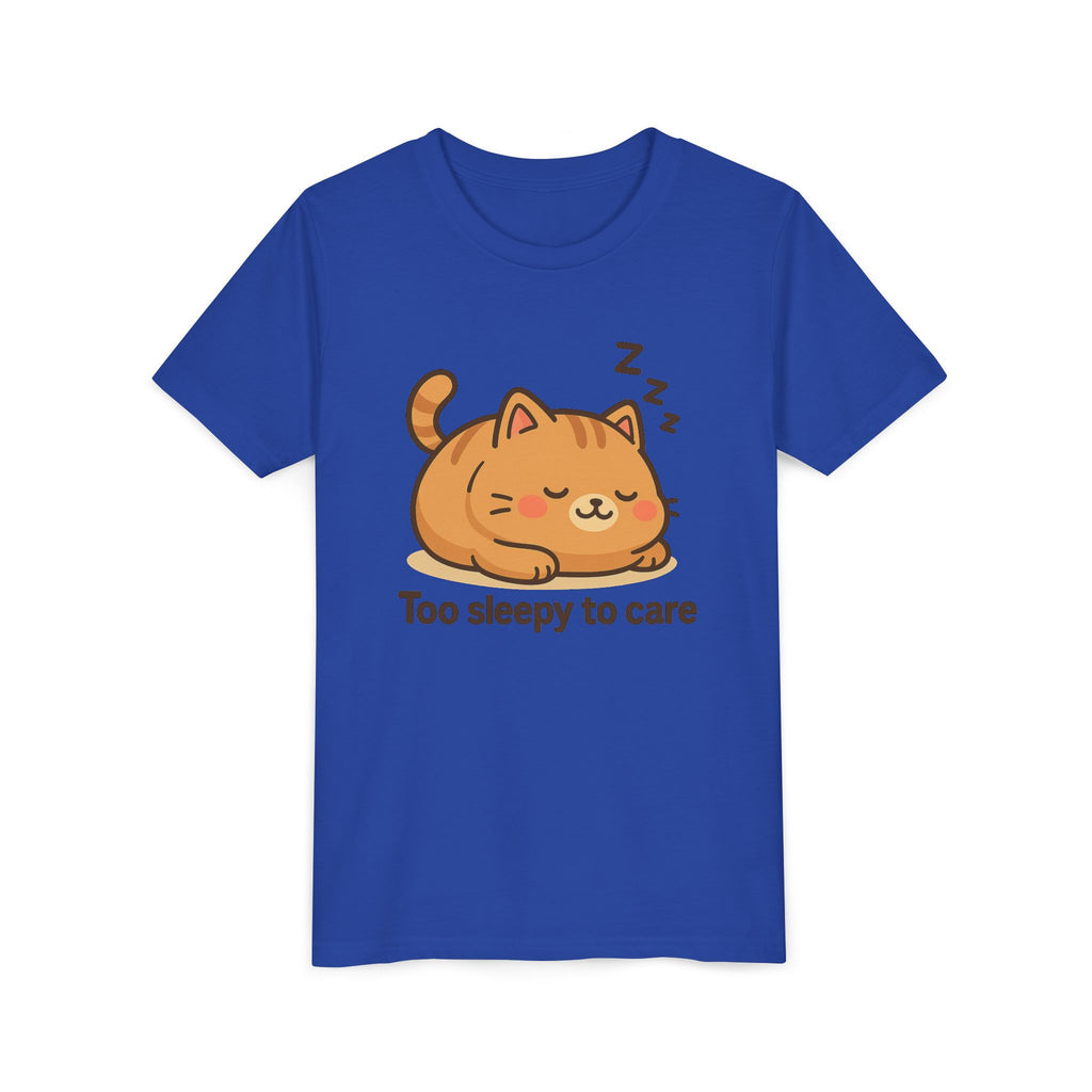 Youth Tee — Cute Sleeping Cat "Too Sleepy to Care" Graphic