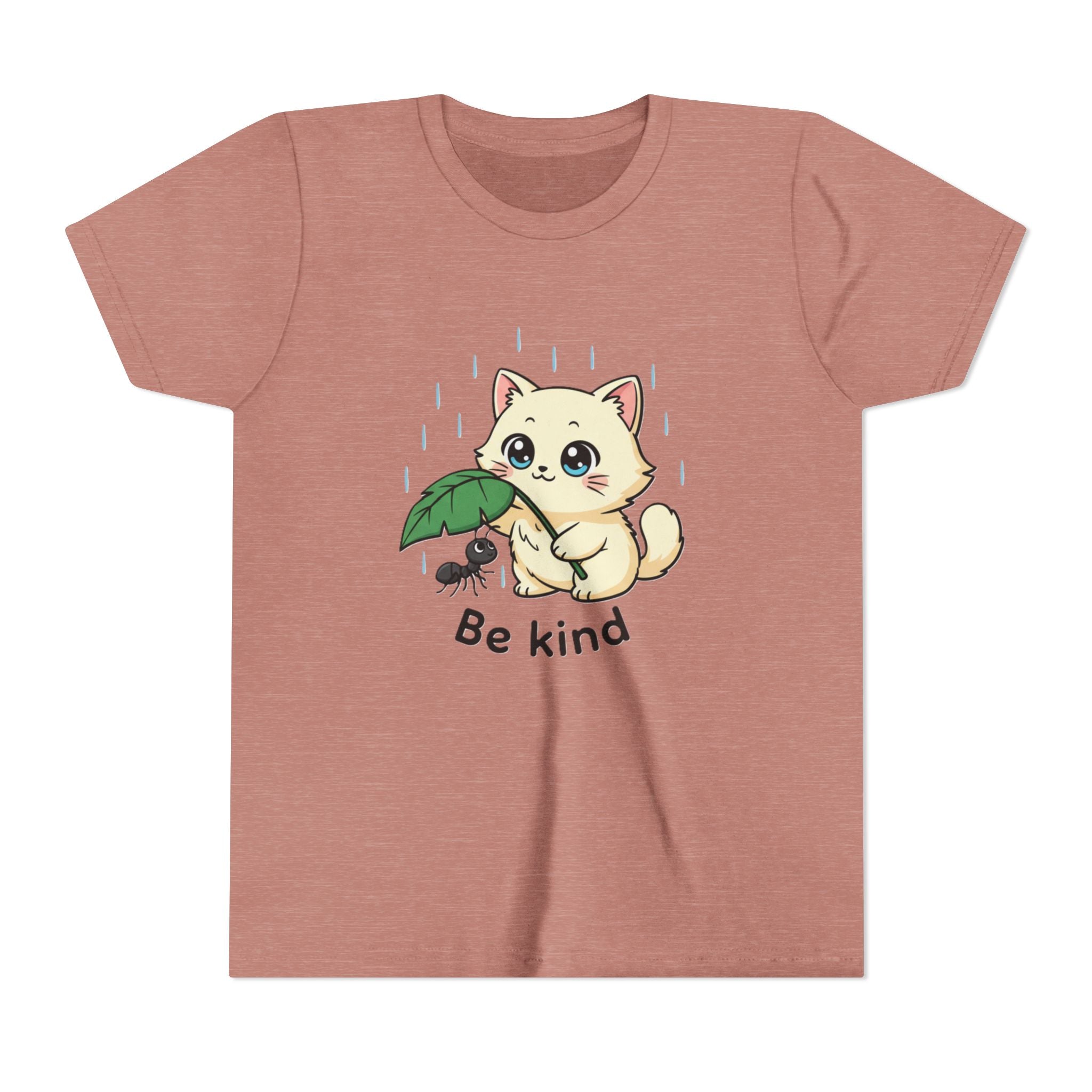 Youth Tee — Cute Kitten Holding Leak Umbrella over Ant with 'Be Kind' Message - Kids
