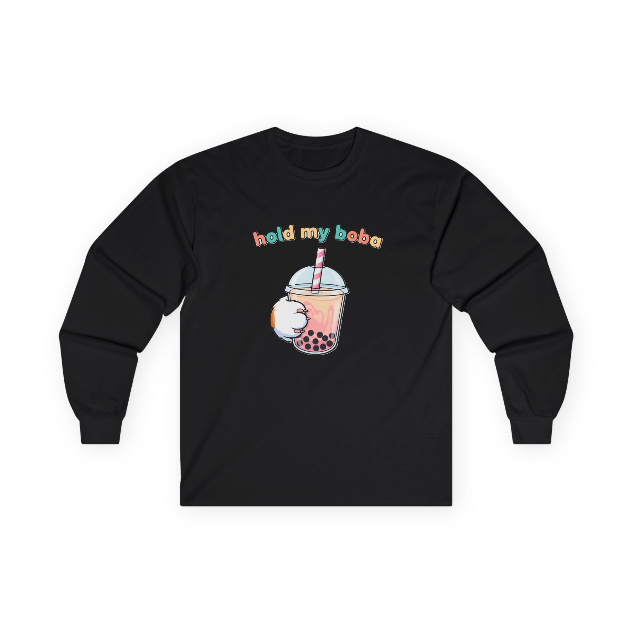 Boba Cat Long Sleeve Tee — "Hold My Boba" Cute Bubble Tea Shirt - Adult