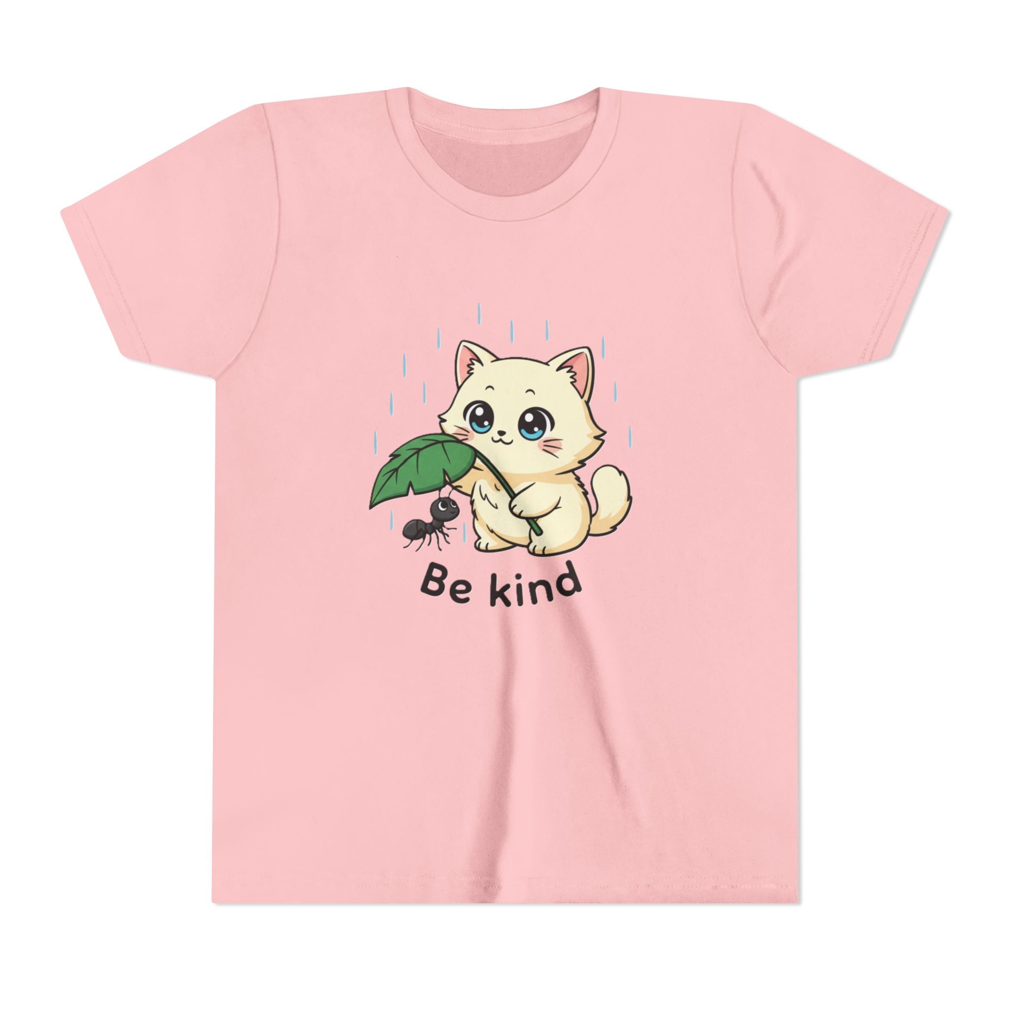 Youth Tee — Cute Kitten Holding Leak Umbrella over Ant with 'Be Kind' Message - Kids
