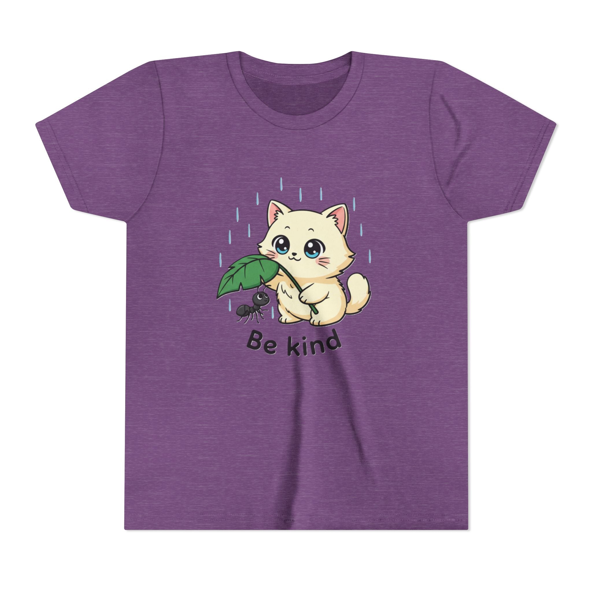 Youth Tee — Cute Kitten Holding Leak Umbrella over Ant with 'Be Kind' Message - Kids