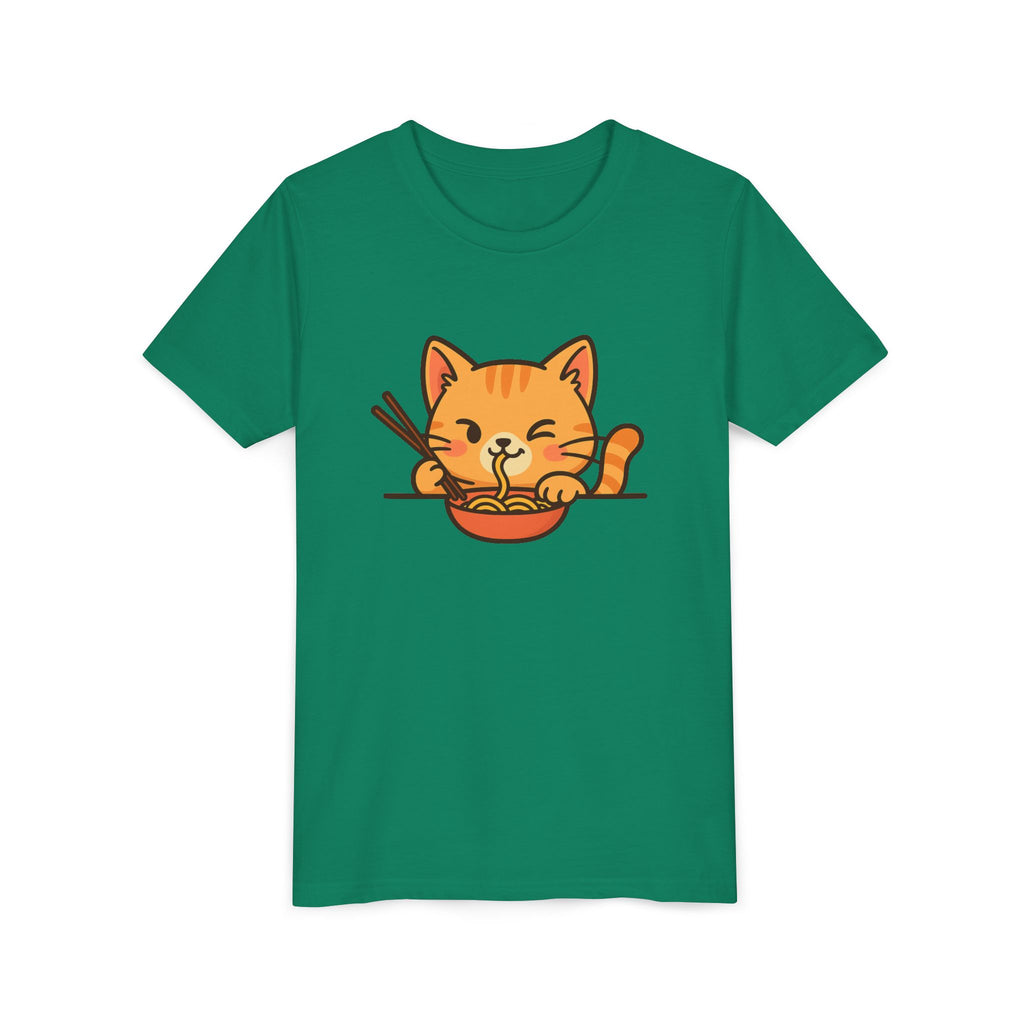 Kids Cat Eating Ramen T-Shirt – Cute Anime Noodle Kitty Youth Tee - Kids