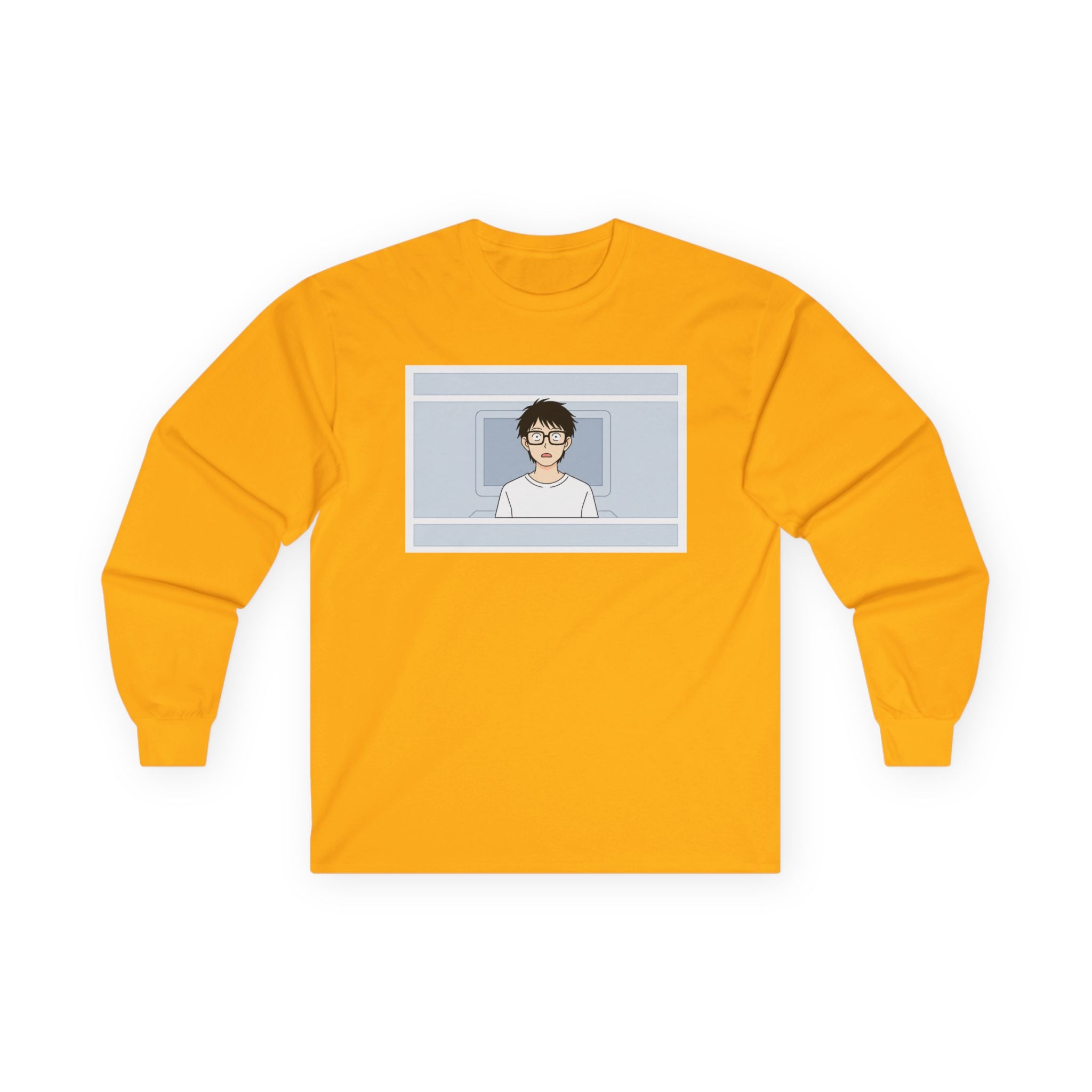 Clueless Otaku Guy Long Sleeve Tee — Minimalist Window Portrait Graphic - Adult