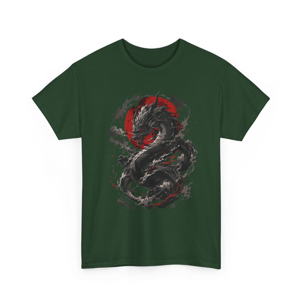 Dragon Moon T‑Shirt — Black Ink Serpent with Red Sun Graphic - Adult