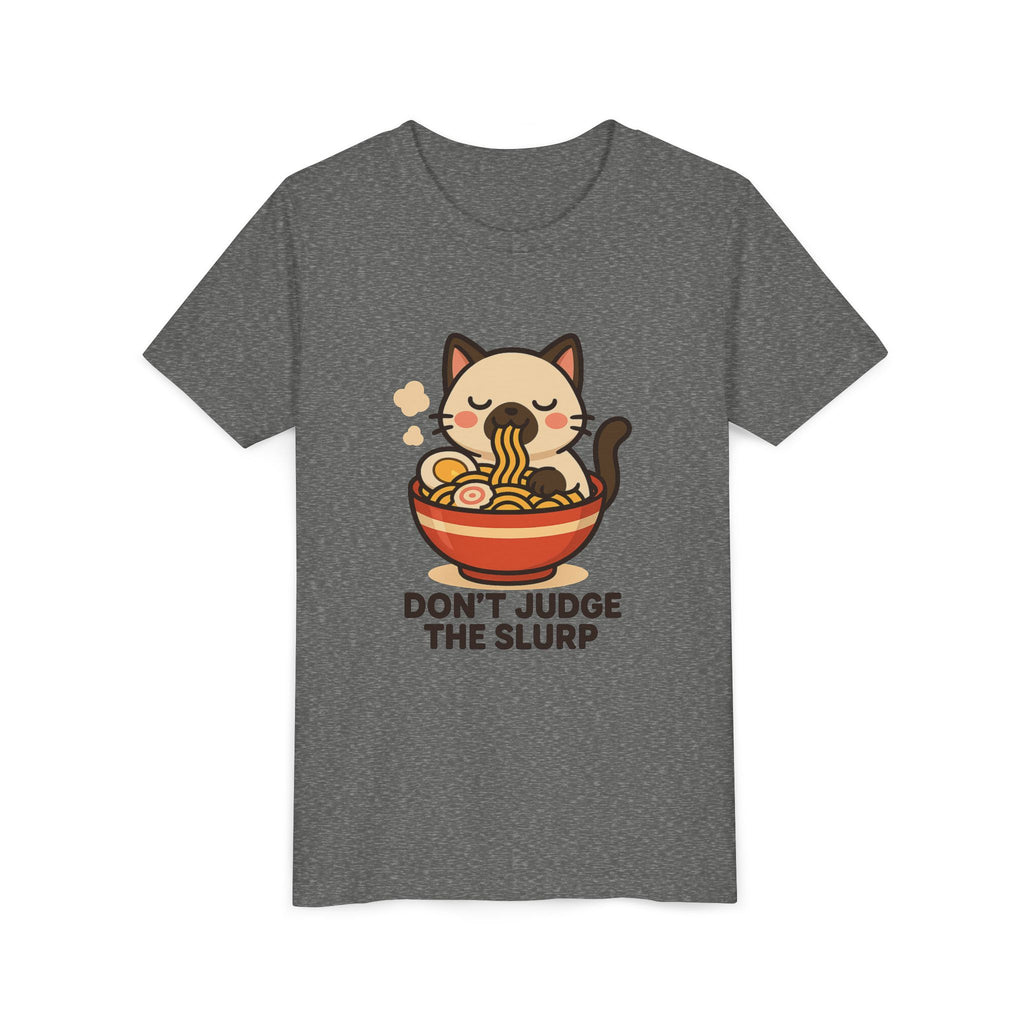 Youth Tee — Cute Cat Eating Ramen 'Don't Judge The Slurp' Graphic Shirt