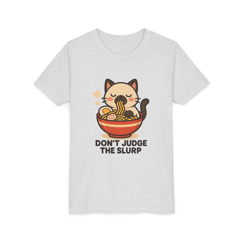Youth Tee — Cute Cat Eating Ramen 'Don't Judge The Slurp' Graphic Shirt