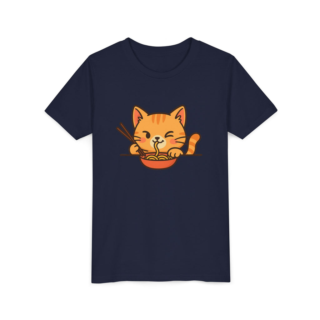 Kids Cat Eating Ramen T-Shirt – Cute Anime Noodle Kitty Youth Tee - Kids