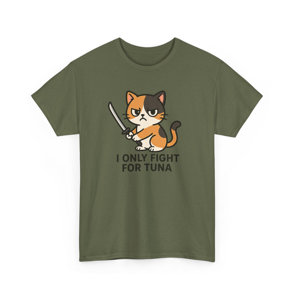 Cat Sword T-Shirt — "I Only Fight for Tuna" Cute Samurai Cat Tee - Adult