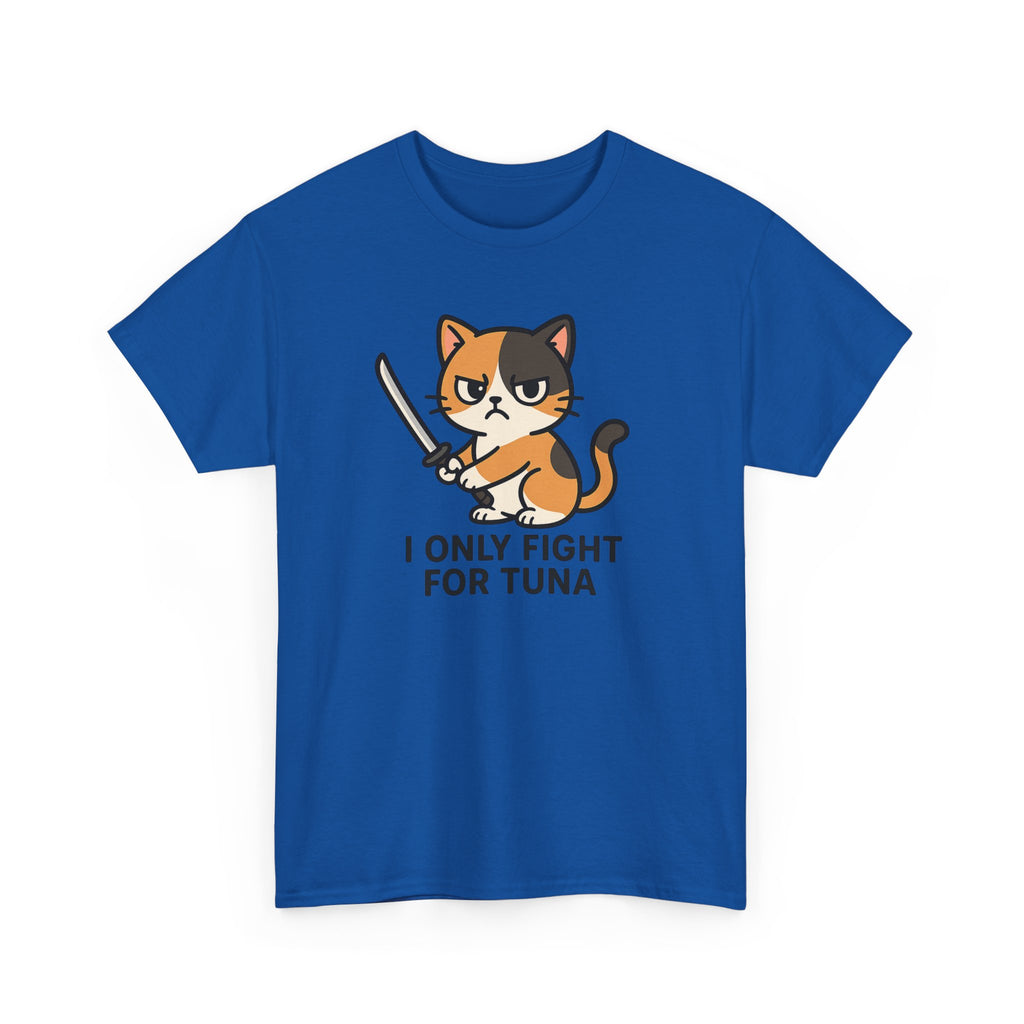 Cat Sword T-Shirt — "I Only Fight for Tuna" Cute Samurai Cat Tee - Adult