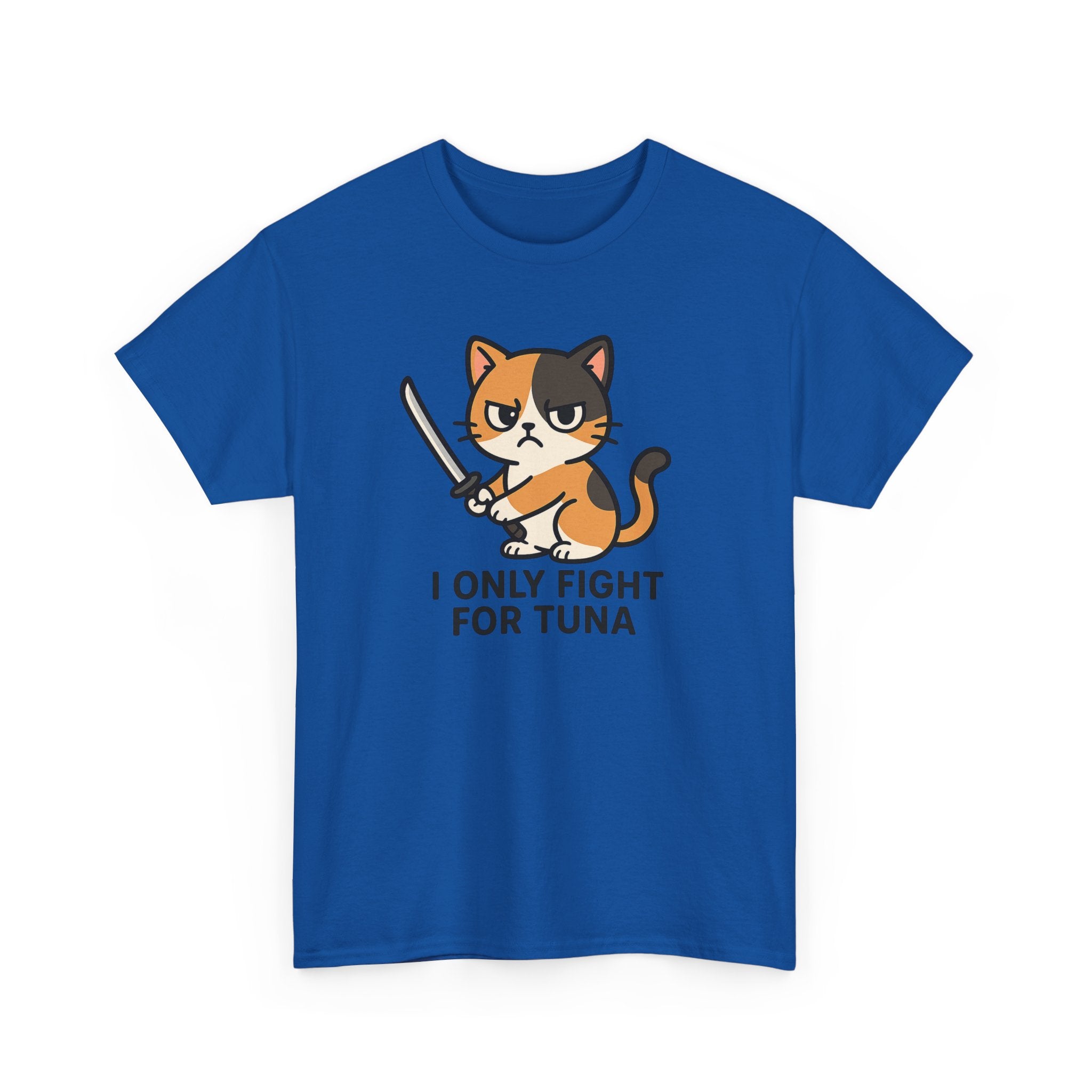 Cat Sword T-Shirt — "I Only Fight for Tuna" Cute Samurai Cat Tee - Adult