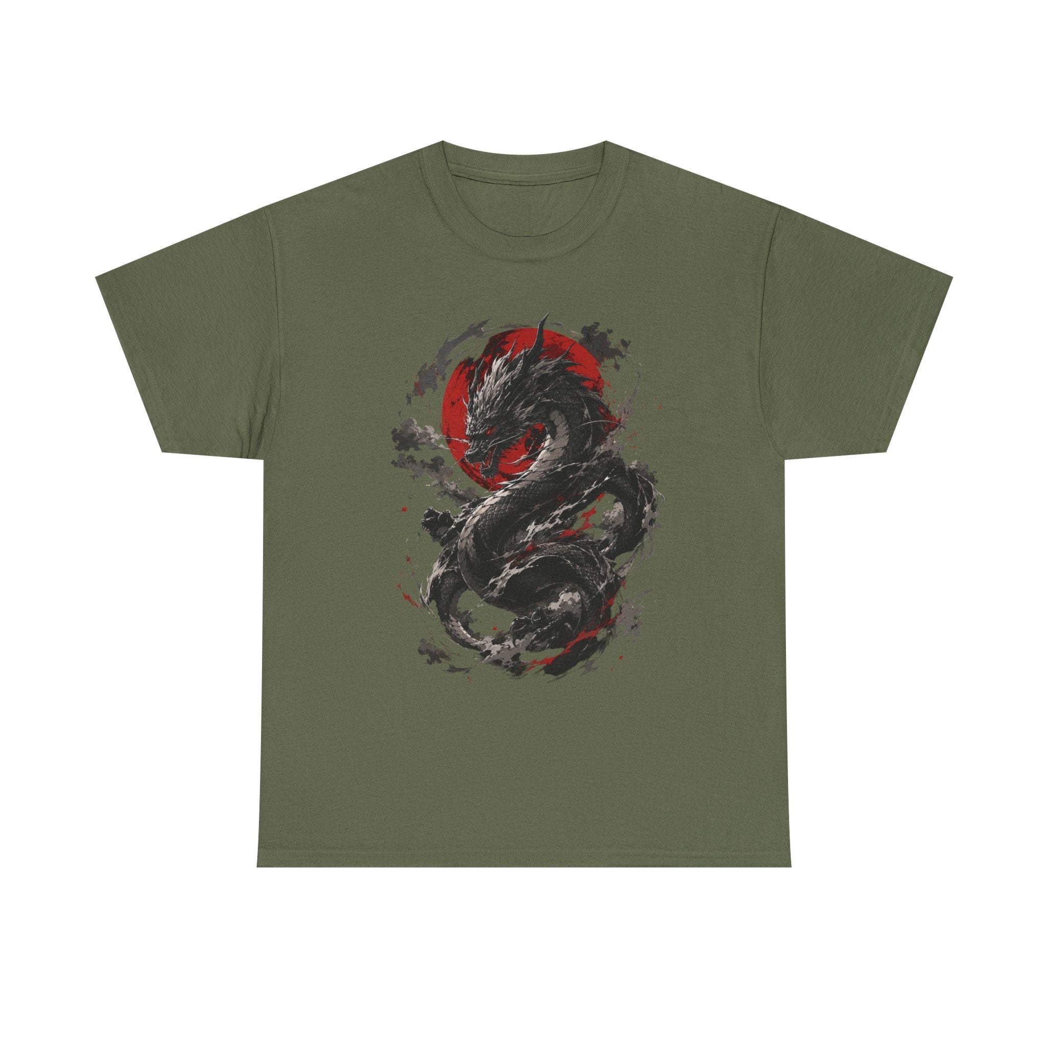 Dragon Moon T‑Shirt — Black Ink Serpent with Red Sun Graphic - Adult