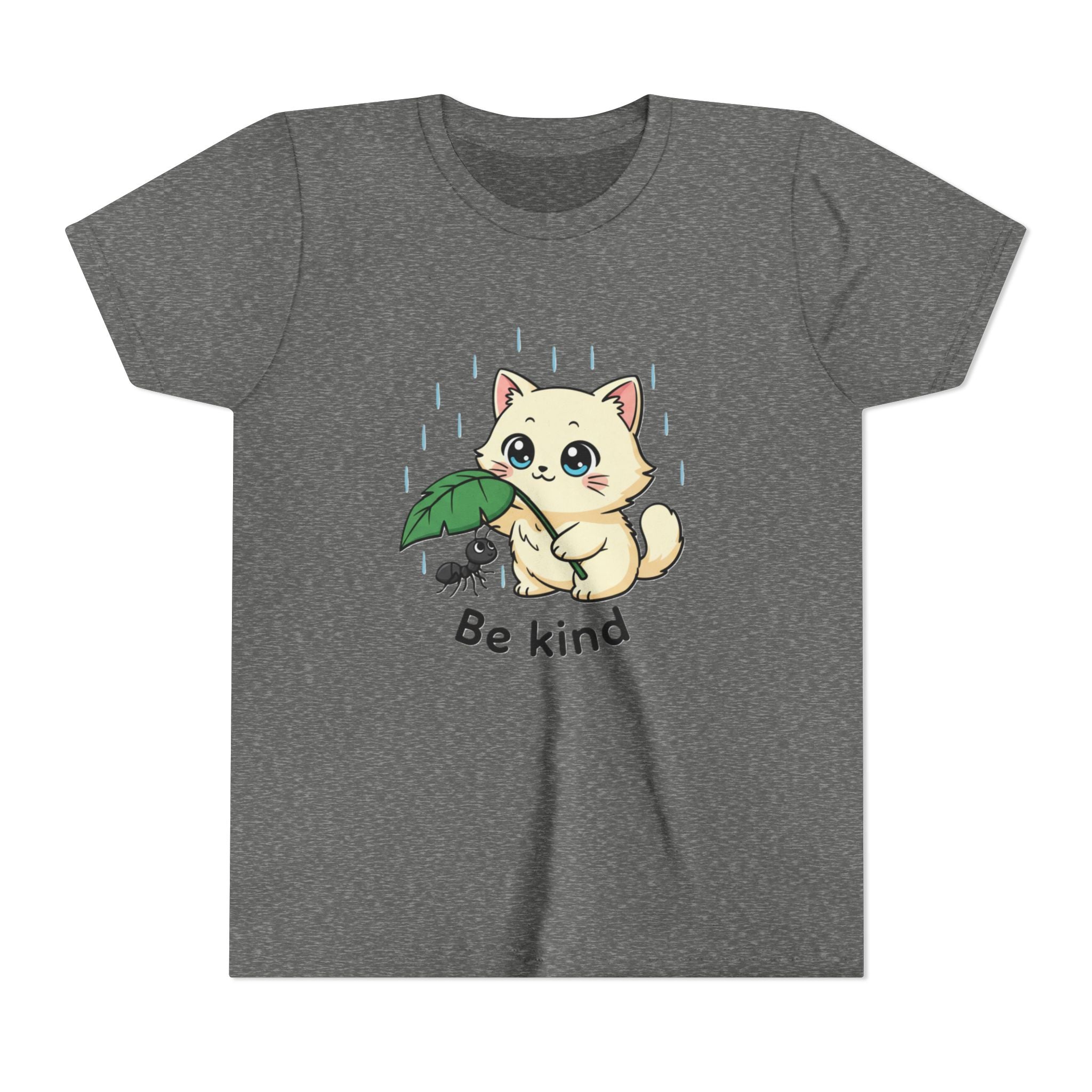 Youth Tee — Cute Kitten Holding Leak Umbrella over Ant with 'Be Kind' Message - Kids