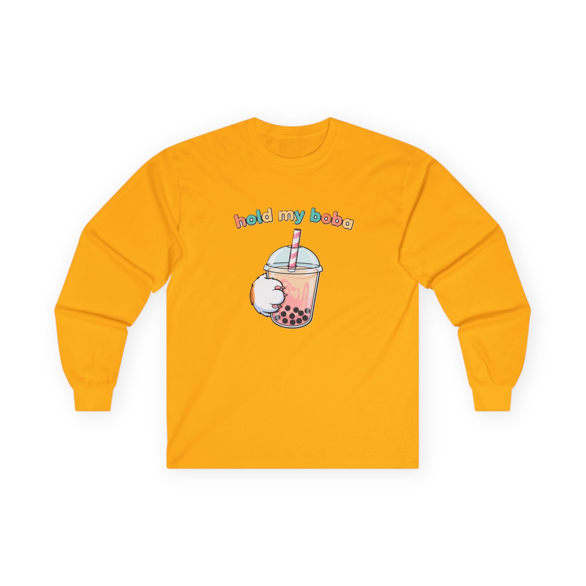 Boba Cat Long Sleeve Tee — "Hold My Boba" Cute Bubble Tea Shirt - Adult