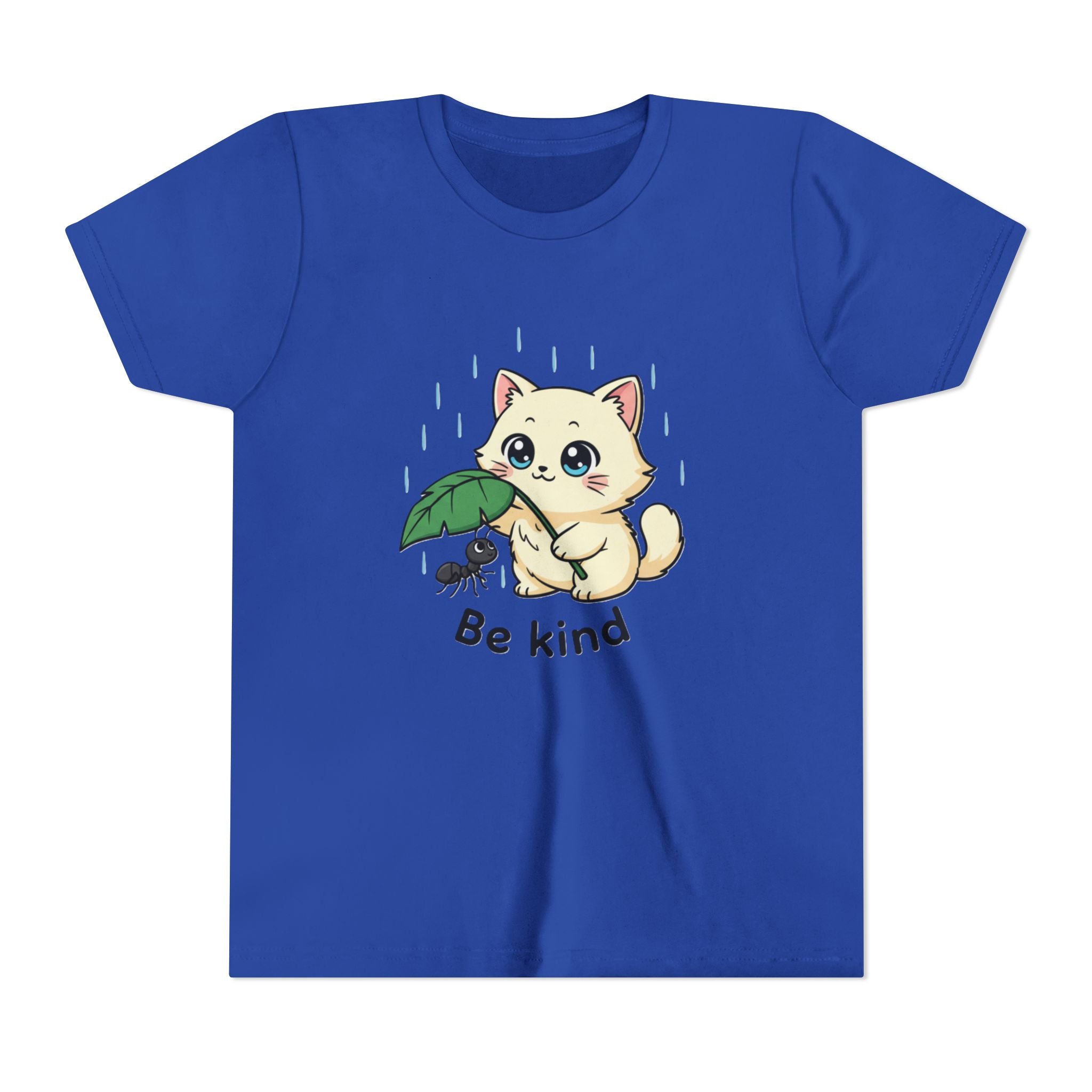 Youth Tee — Cute Kitten Holding Leak Umbrella over Ant with 'Be Kind' Message - Kids