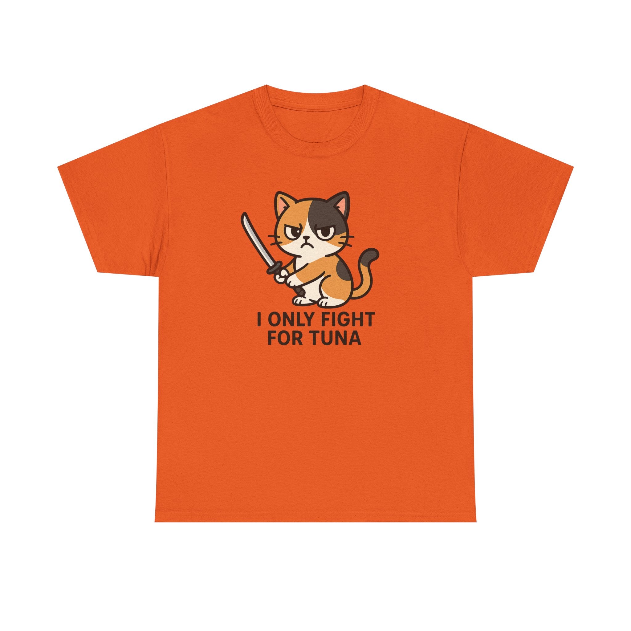Cat Sword T-Shirt — "I Only Fight for Tuna" Cute Samurai Cat Tee - Adult