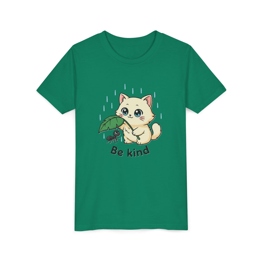 Youth Tee — Cute Kitten Holding Leak Umbrella over Ant with 'Be Kind' Message - Kids