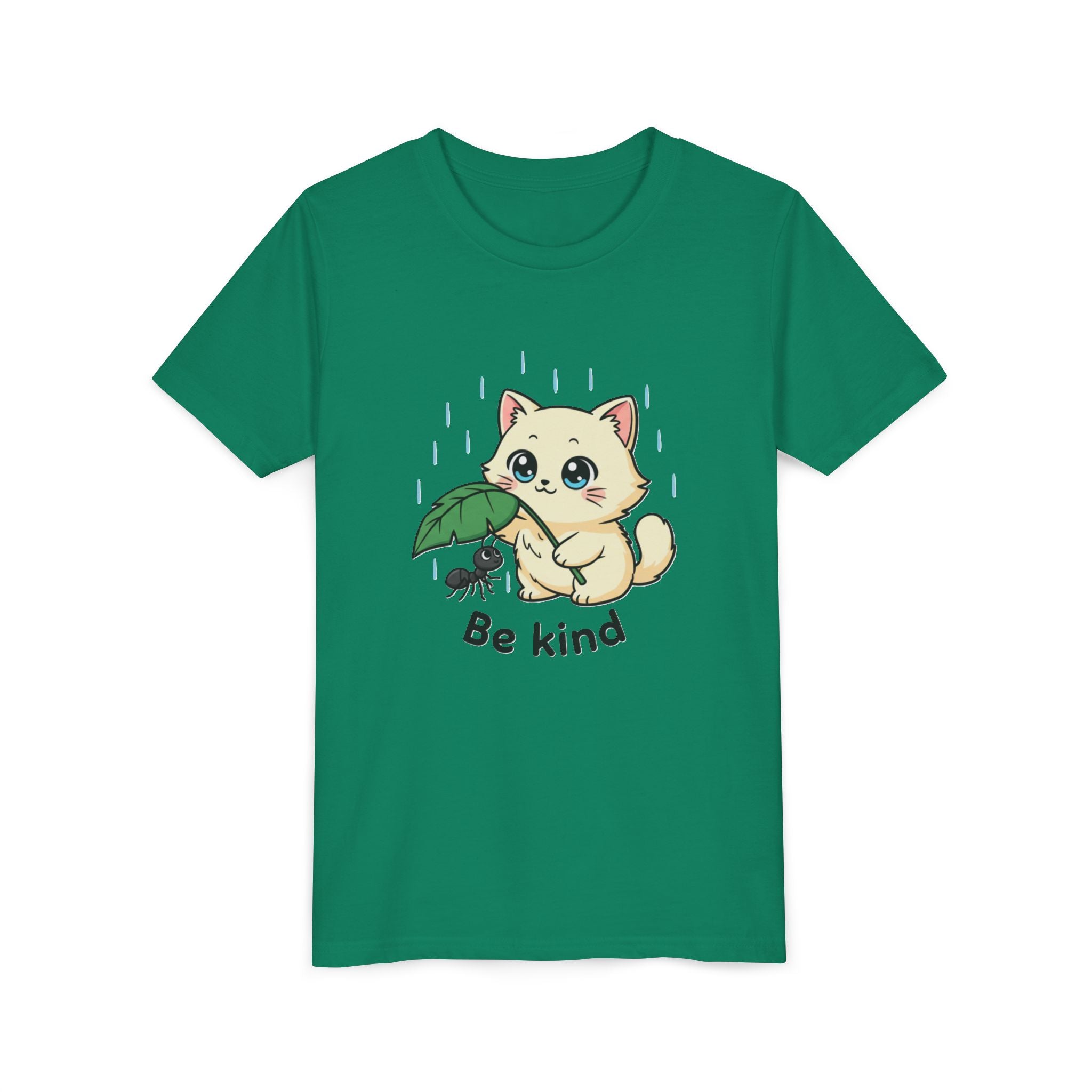 Youth Tee — Cute Kitten Holding Leak Umbrella over Ant with 'Be Kind' Message - Kids