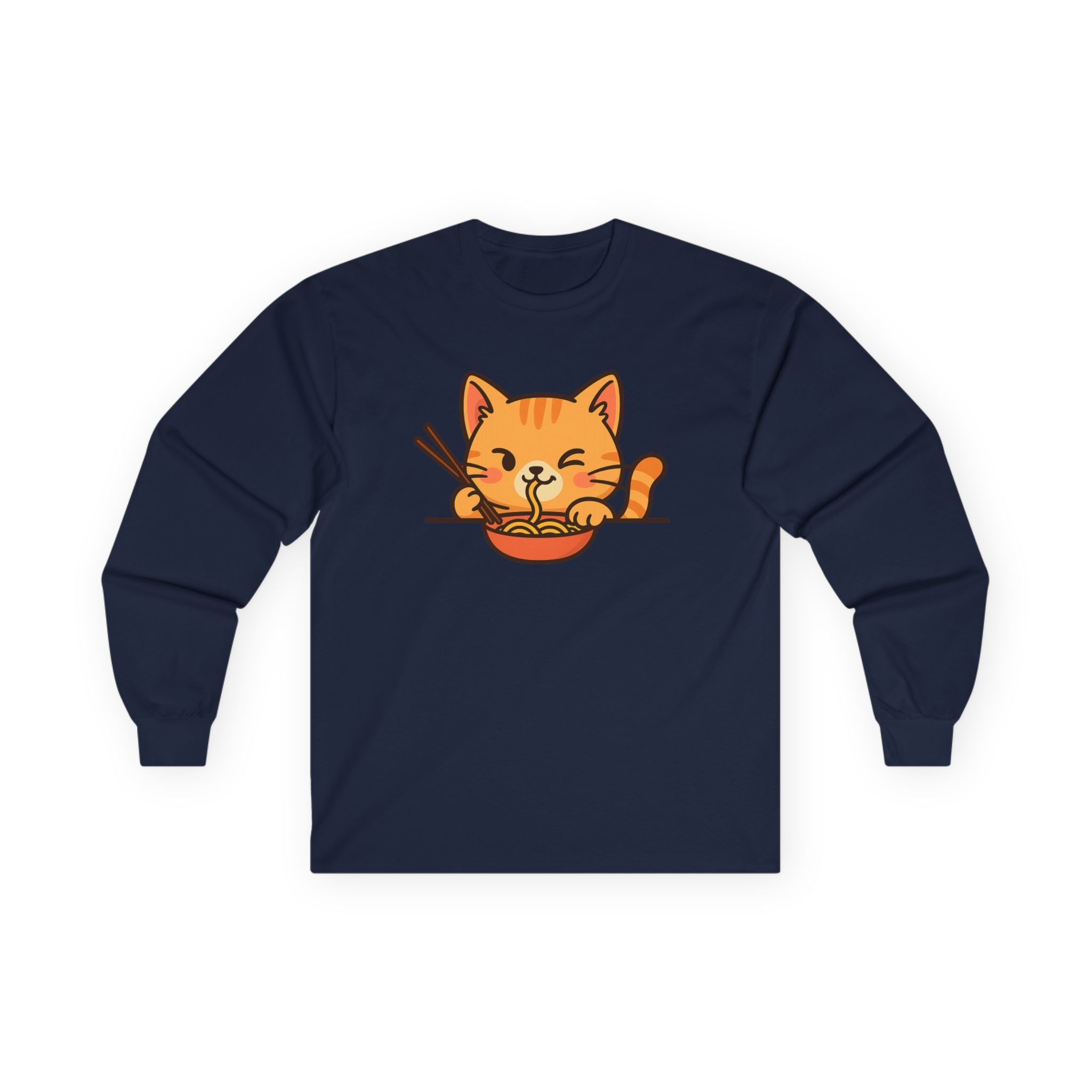 Cute Cat Eating Ramen Long Sleeve Tee - Adult