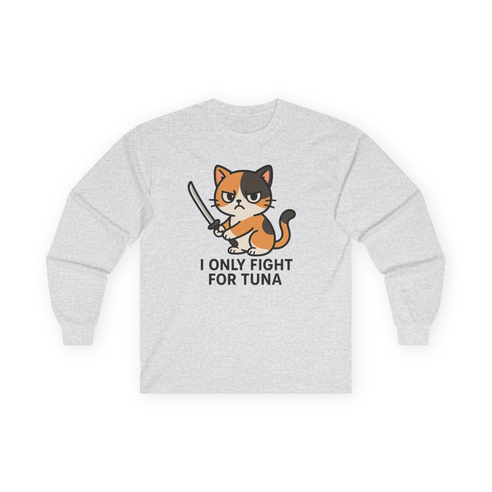 Cat Lover Long Sleeve Tee — "I Only Fight for Tuna" Cute Calico Cat Graphic - Adult